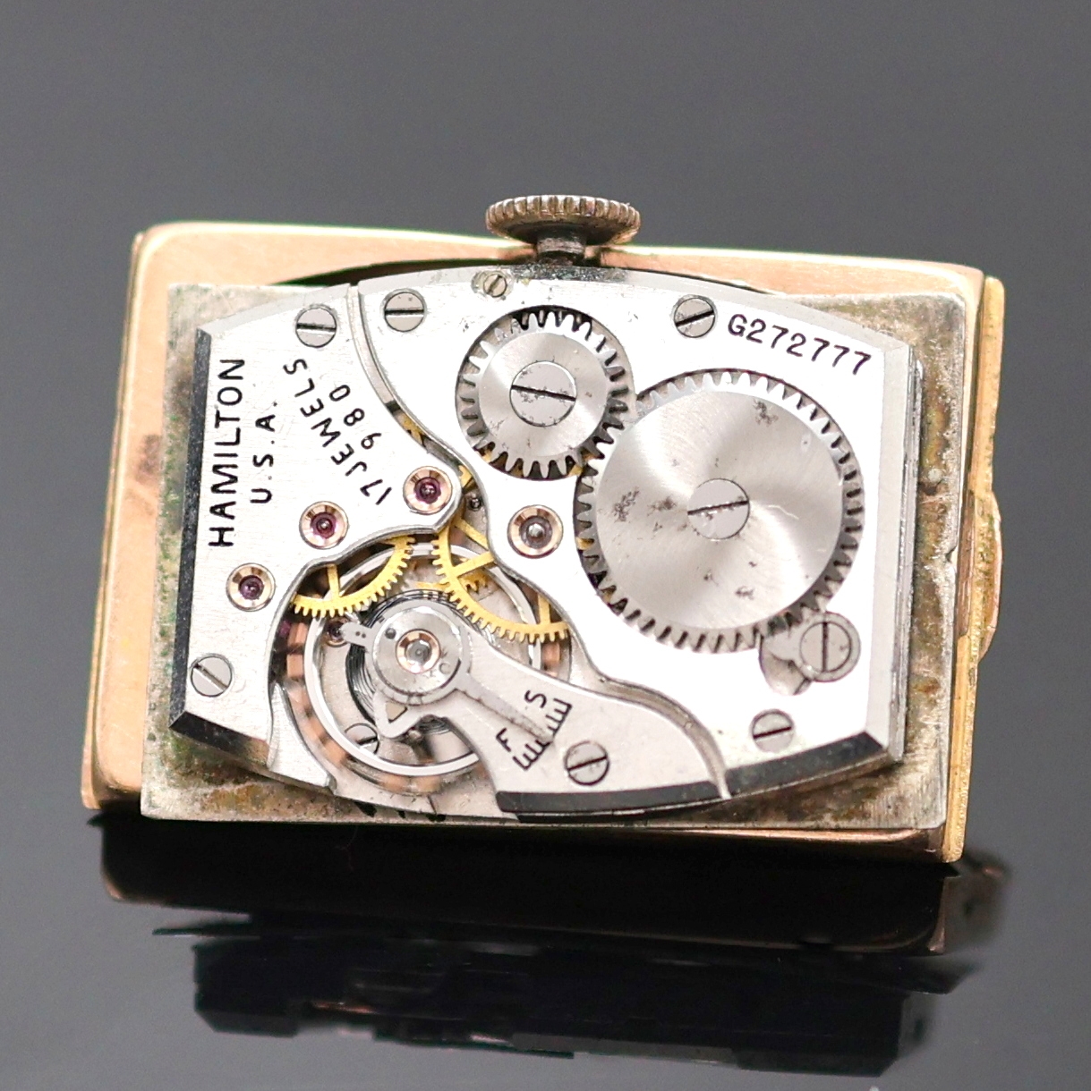 Detail d: HAMILTON ausgefallene Schmuckbanduhr in RG 585/000, USA um 1938, Handaufzug, ausgef., unsign. Goldgeh. inkl. unsign. RG 585/000 Band, verd. ...