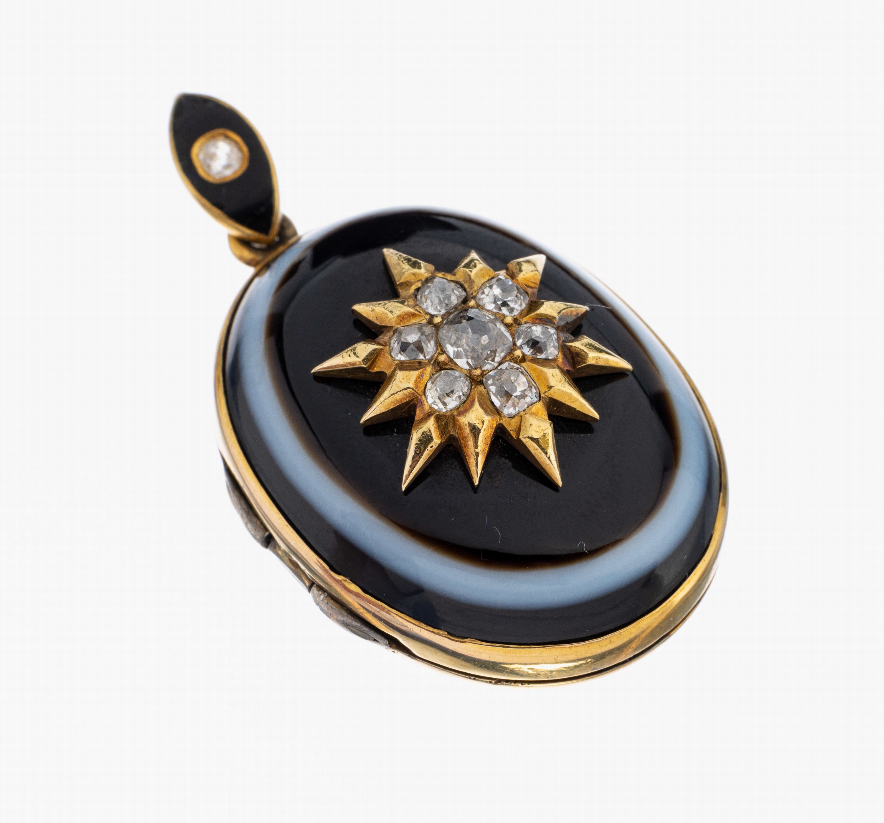 14 kt Gold Achat-Diamant-Medaillonanhänger, um1880, GG 585/000 gepr., Deckel mit Streifenachat, aufgelegter Stern mit 7 Altschliffdiamanten zus. ...