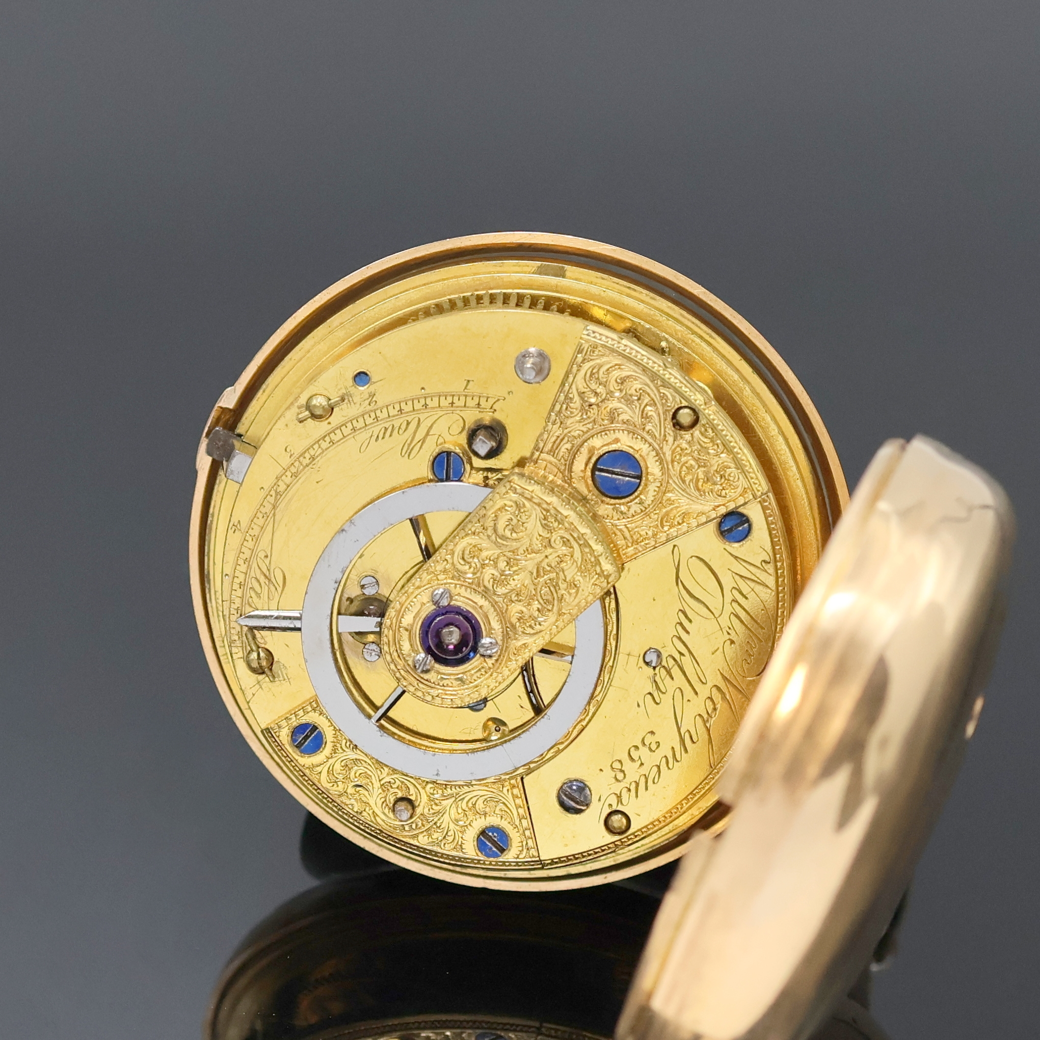 Detail f: WILLIAM MOLYNEUX DUBLIN Nr. 358 schwere Taschenuhr in RG 750/000, London Hallmark 1812, glattes Geh. und Übergeh. dell., Übergeh. m. Adelsgravur, ...