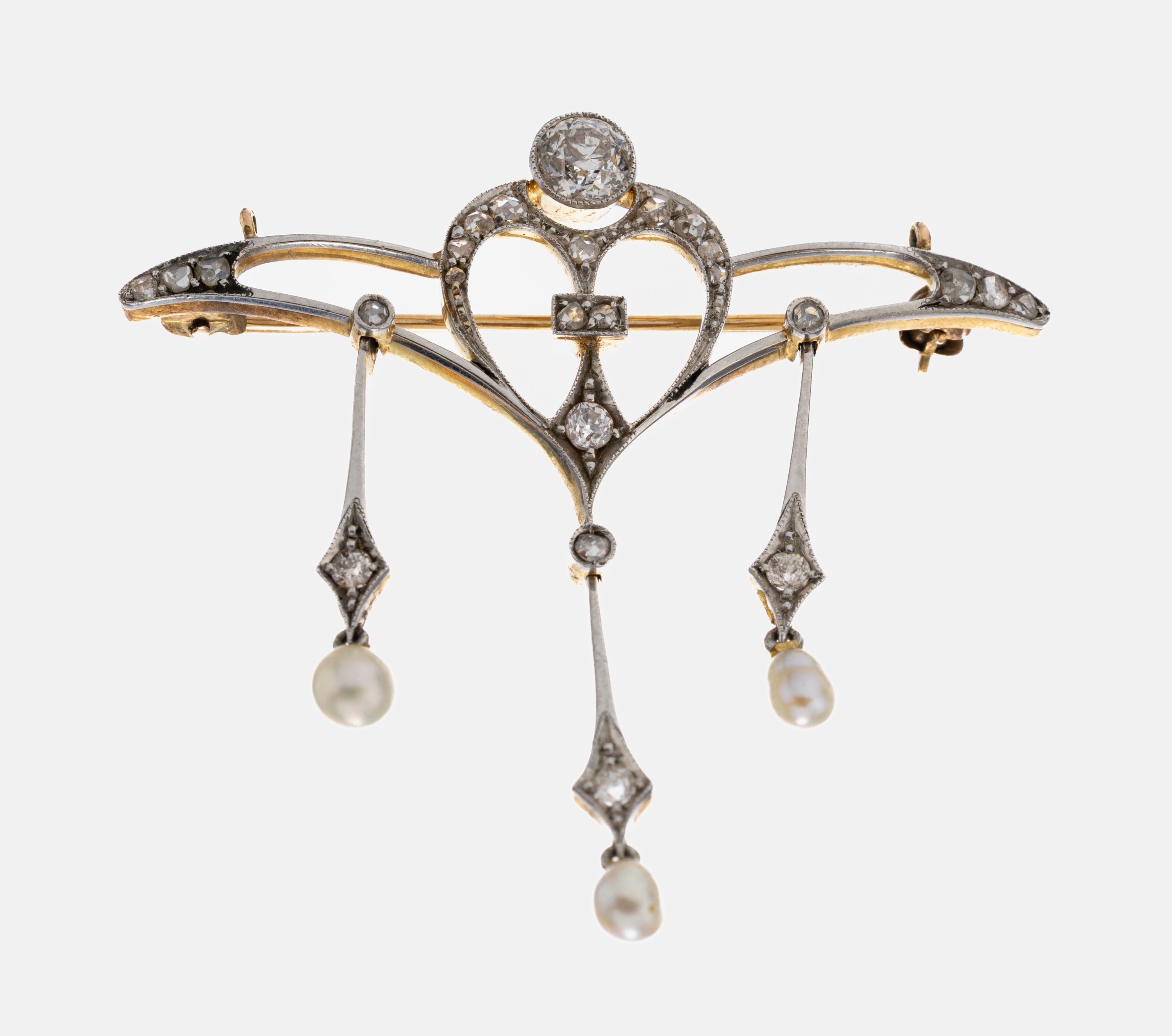 Image 26991259 - 18 kt Gold Jugendstil Diamant-Perl-Brosche, um1900-05, GG 750/000 gepr., schauseitig ...