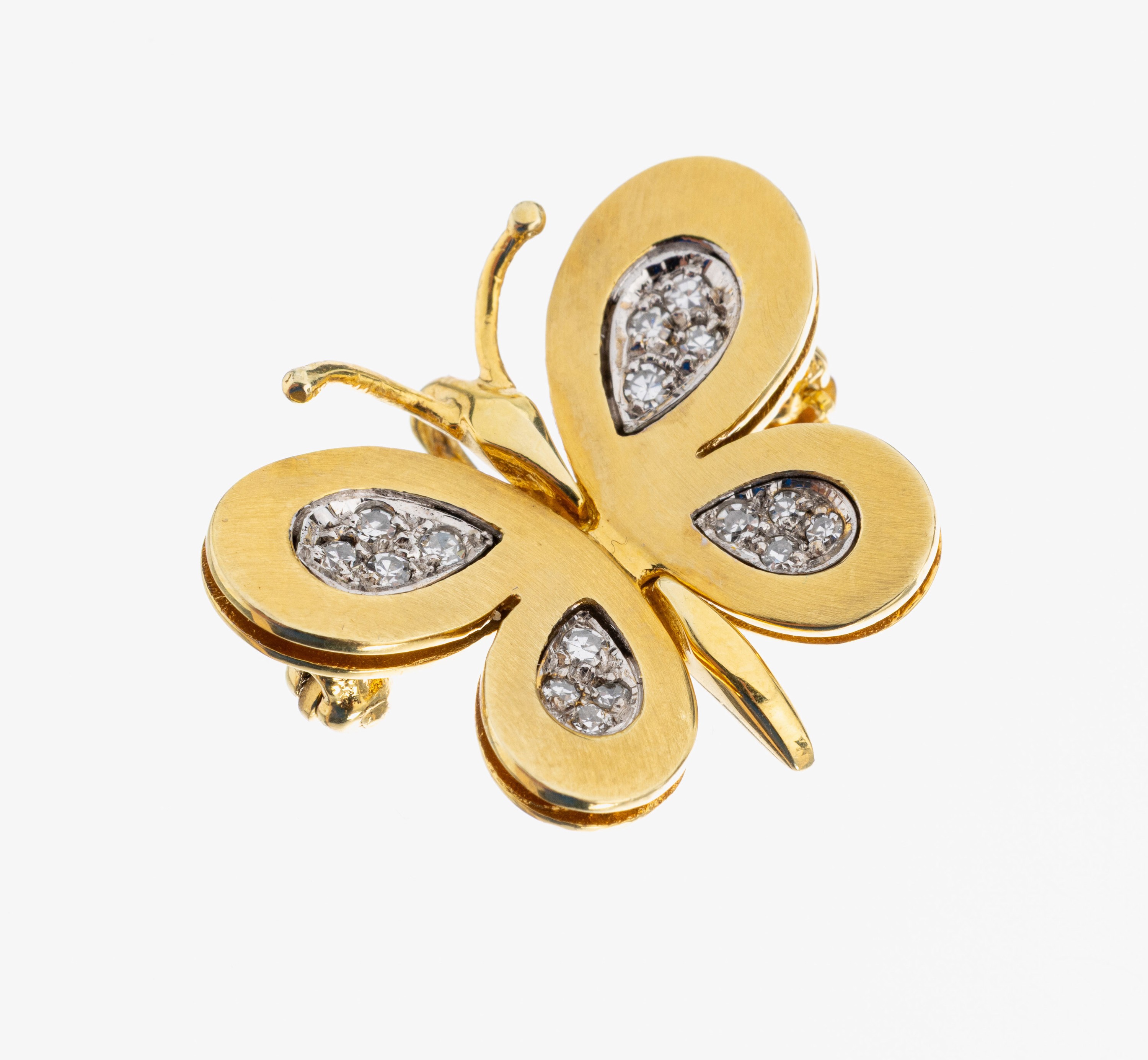 14 kt Gold Diamant-Brosche, GG/WG 585/000, Darstellung eines Schmetterlings, GG sat., 16 in WG gefasste 8/8-Diamanten zus. ca. 0.20 ct Weiß/si, ca. ...