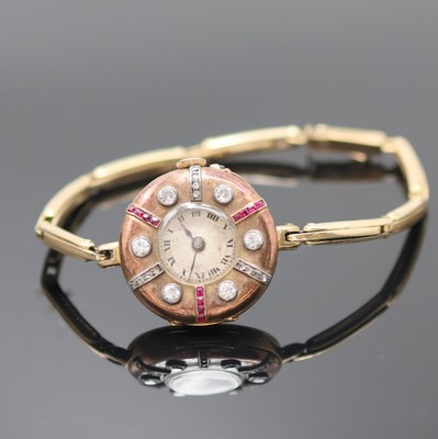 Image Early 14k pink gold ladies wristwatch with diamonds and rubies, Switzerland around 1910, ...