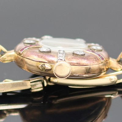 26991265c - Frühe Damenarmbanduhr in RG 585/000 mit Diamanten und Rubinen, Schweiz um 1910, ...