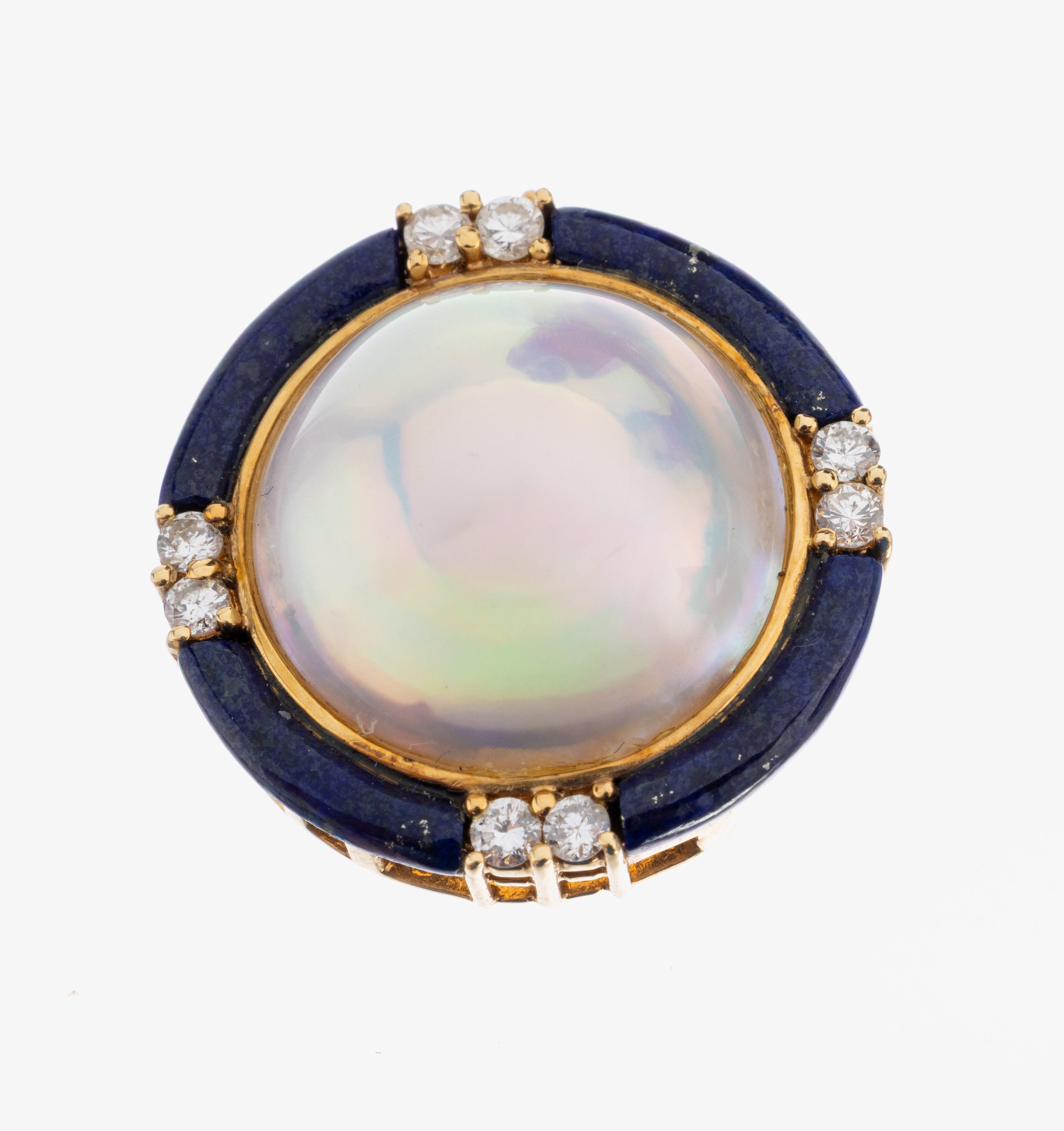18 kt Gold Perl-Brillant-Lapislazuli -Kettenschließe, GG 750/000, rund, mittig Mabeperle, eingeschliffene Lapislazuli, 8 Brillanten zus. ca. 0.16 ...