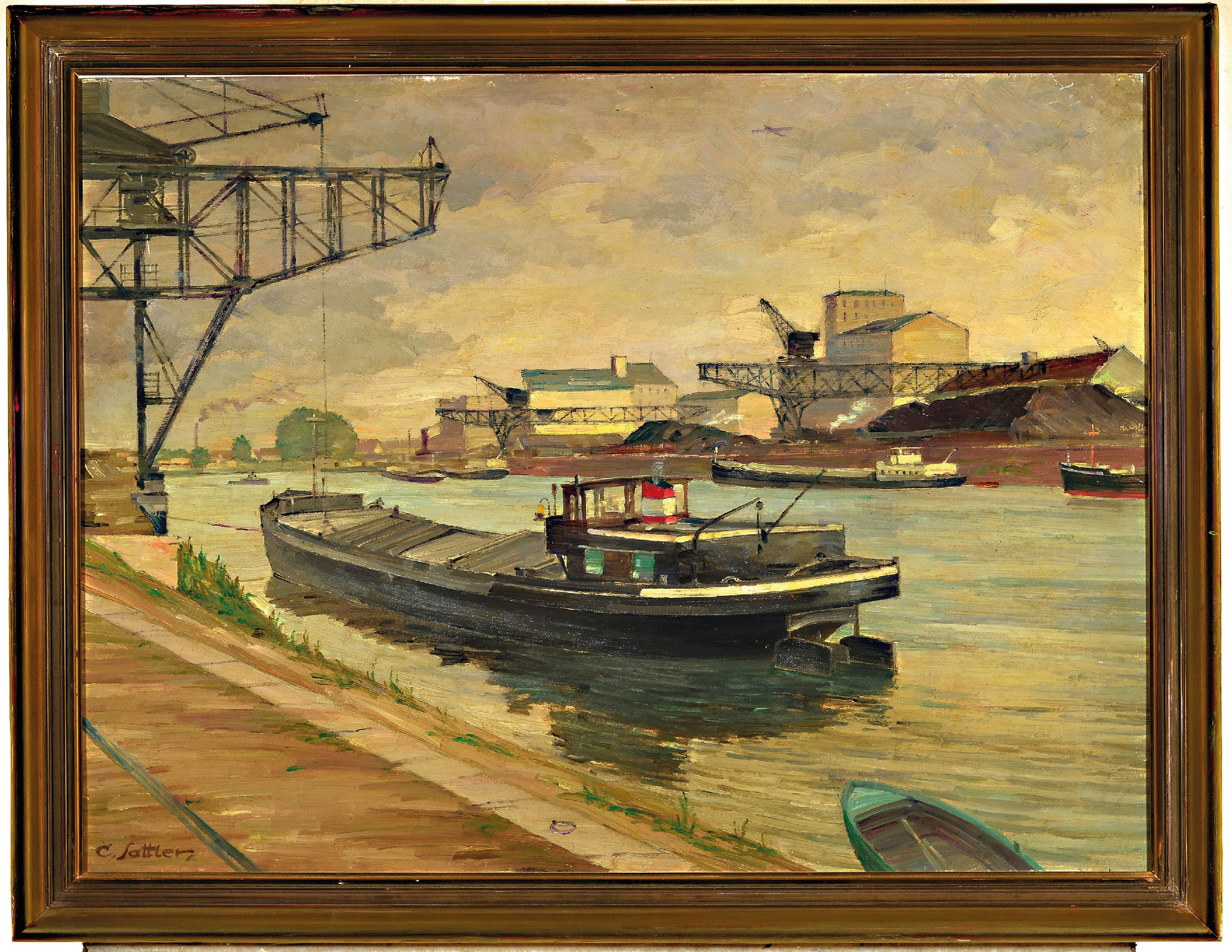 Detail k: C. Sattler, Künstler der Mitte des 20.Jh., "Rheinhafen karlsruhe" so verso auf altem Etikett bez., Öl/Malplatte, links unten signiert, ...