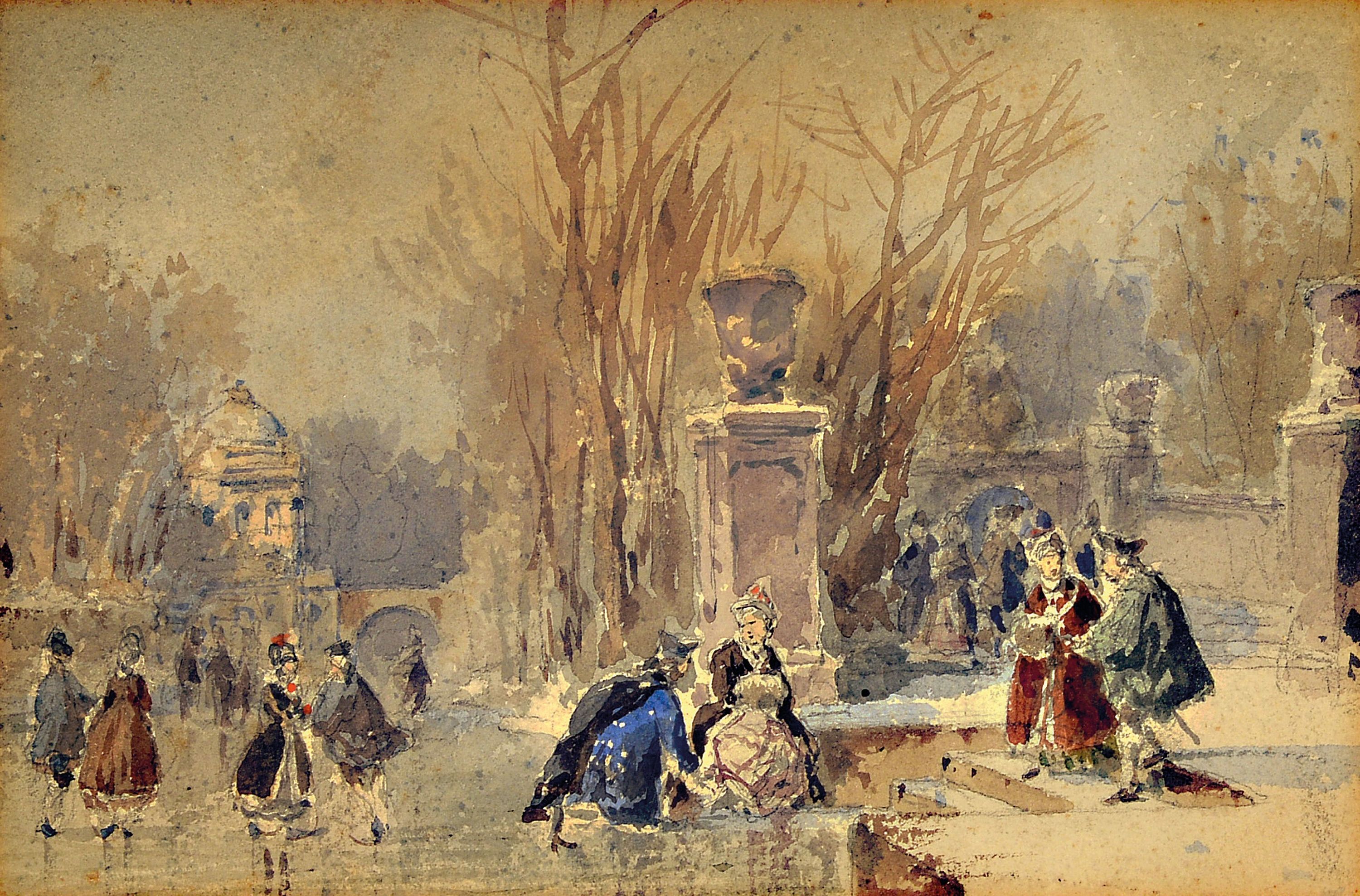 Image 26991474 - Anton Doll, 1826-1887 München, Aquarell, höfisches Trieben in Parklandschaft, links ...