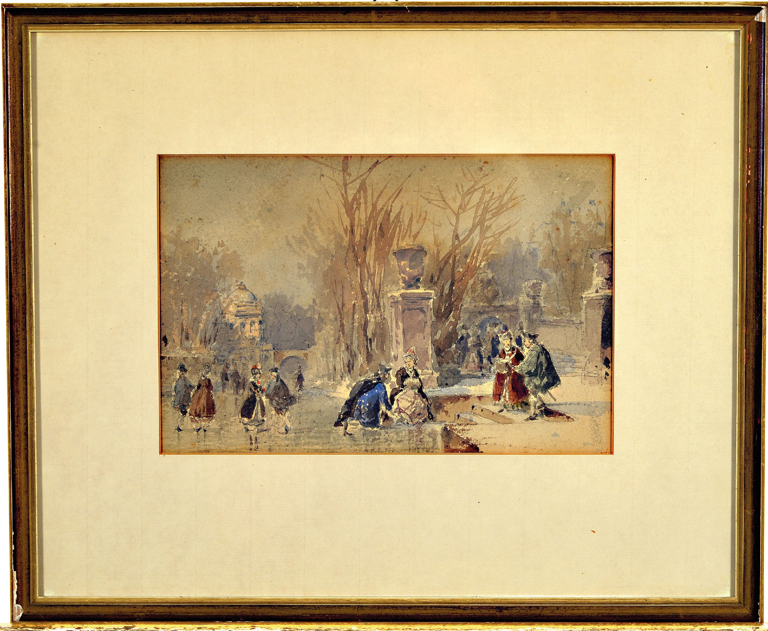 Detail k: Anton Doll, 1826-1887 München, Aquarell, höfisches Trieben in Parklandschaft, links unten unter PP signiert A.Doll, Blatt auf Pappe doubliert, ...