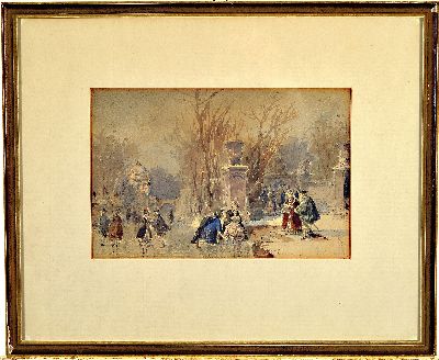 26991474k - Anton Doll, 1826-1887 München, Aquarell, höfisches Trieben in Parklandschaft, links ...