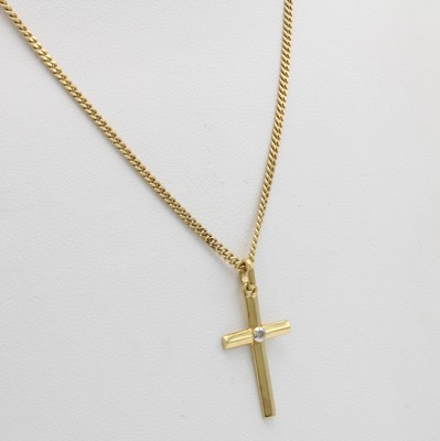 26991898a - Kreuzanhänger mit Diamant an Kette, GG 585/ 000, Diam. ca. 0.01 ct Weiß/si, L. ca. 38 ...