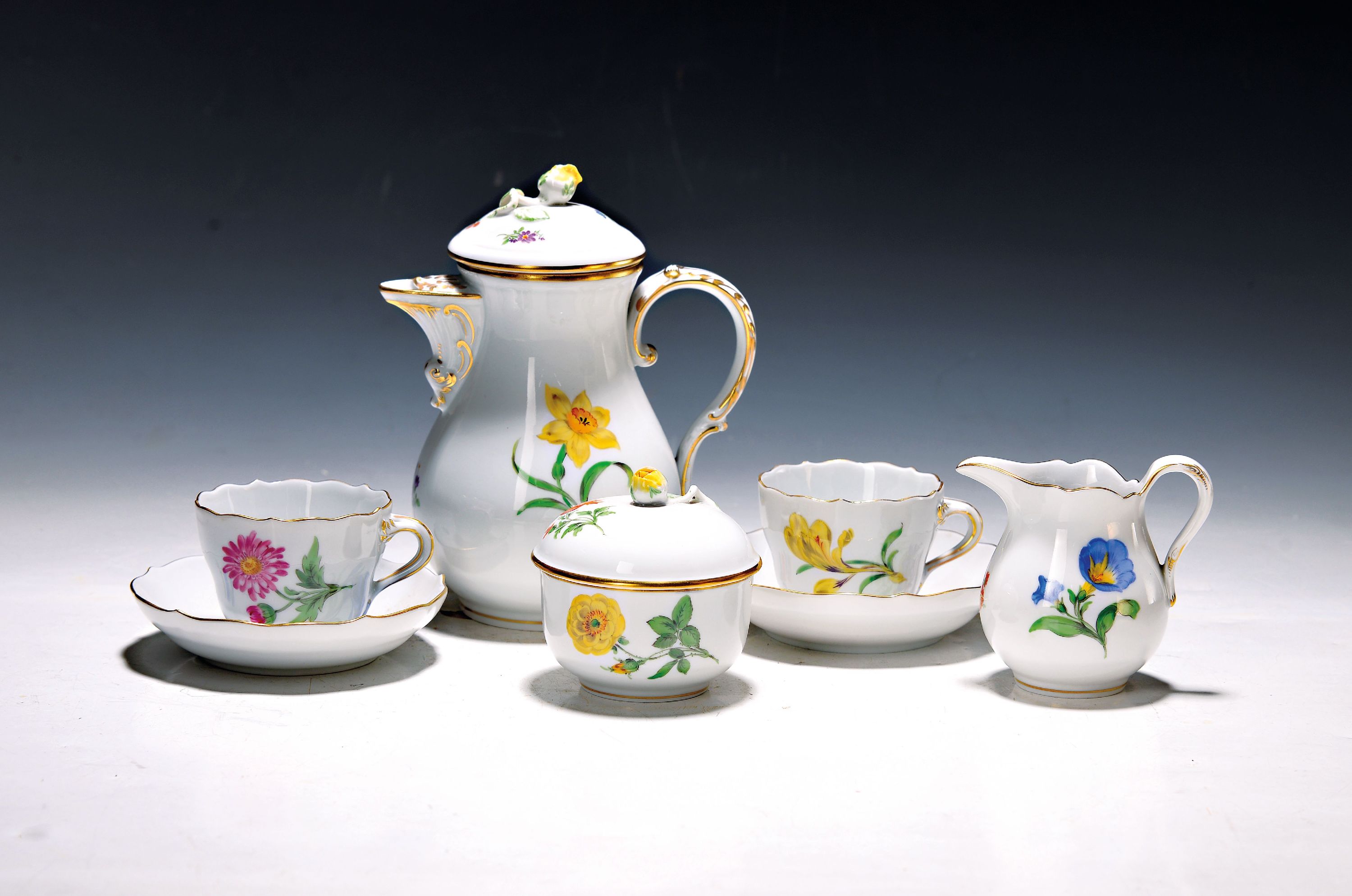 Image 26992101 - Mokkaservice, Meissen für 6 Personen, 2.H. 20. Jh., Blume I., polychrome Bemalung, ...