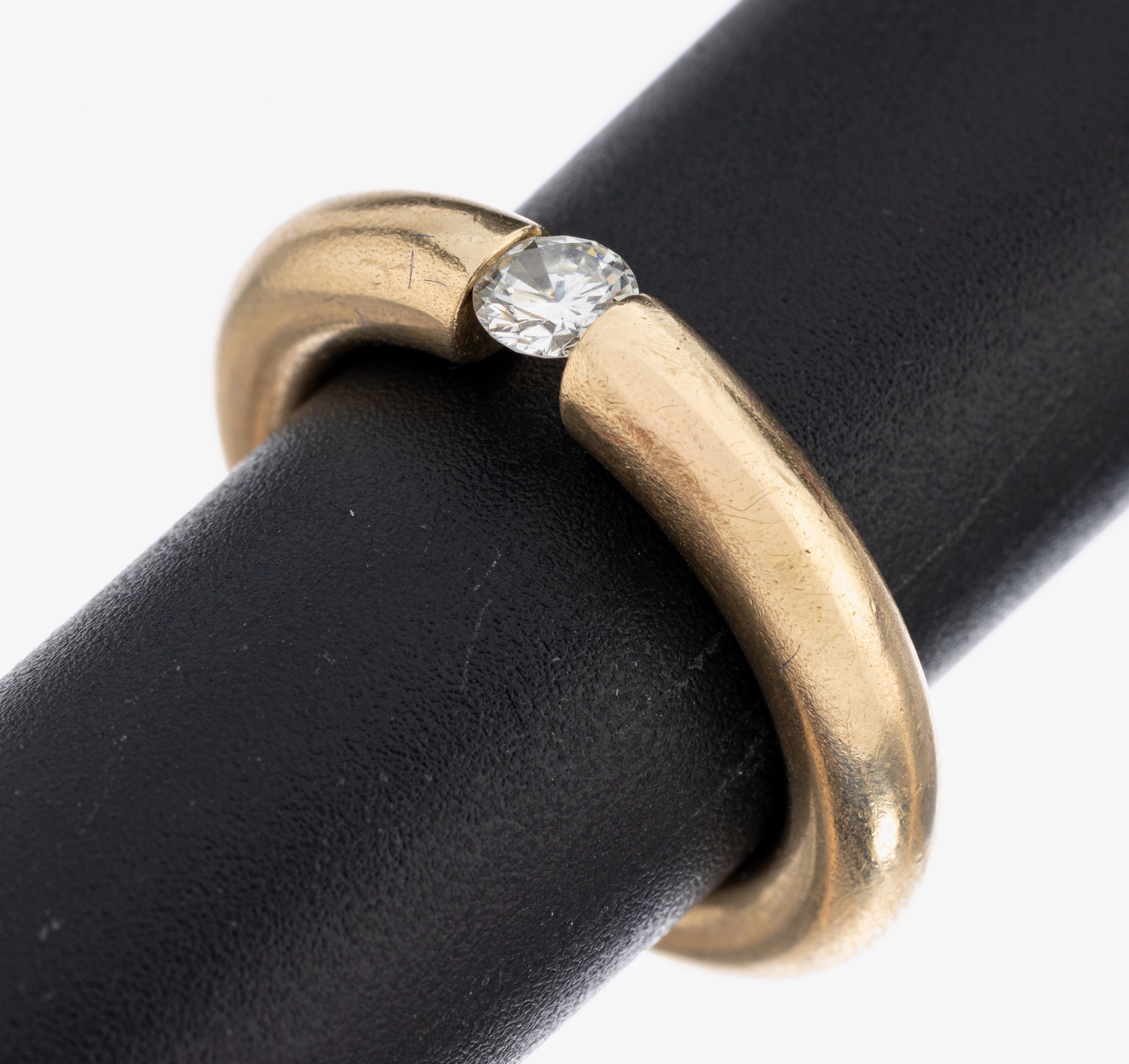 14 kt Gold Brillant-Ring, GG 585/000, Spannring, Brillant ca. 0.25 ct Weiß/if, RW 53, ca. 11.3 g, Zertifikat anbei