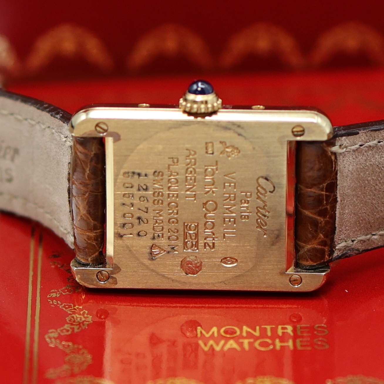 Detail c: CARTIER Tank Vermeil Damenarmbanduhr Referenz 5057001, quarz, verg. Silbergeh. inkl. orig.Lederband m. verg. orig. Dornschl., Boden 4- fach verschr., ...