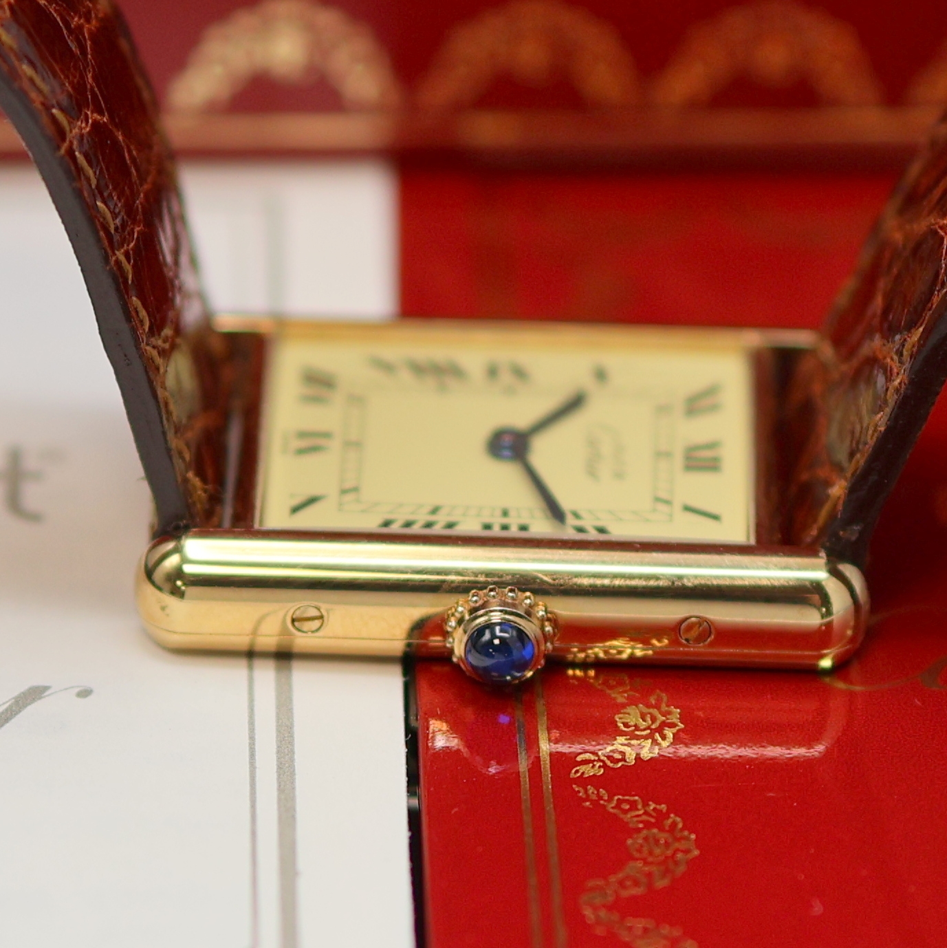 Detail b: CARTIER Armbanduhr Tank Vermeil Referenz 590005, Schweiz um 1990, quarz, 2-teil., verg. Silbergeh. inkl. orig. Lederband m. verg. orig. Dornschl., ...