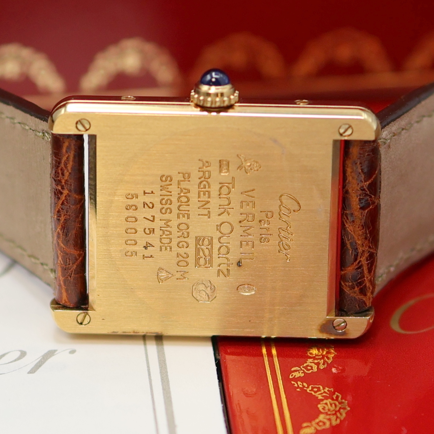 Detail c: CARTIER Armbanduhr Tank Vermeil Referenz 590005, Schweiz um 1990, quarz, 2-teil., verg. Silbergeh. inkl. orig. Lederband m. verg. orig. Dornschl., ...