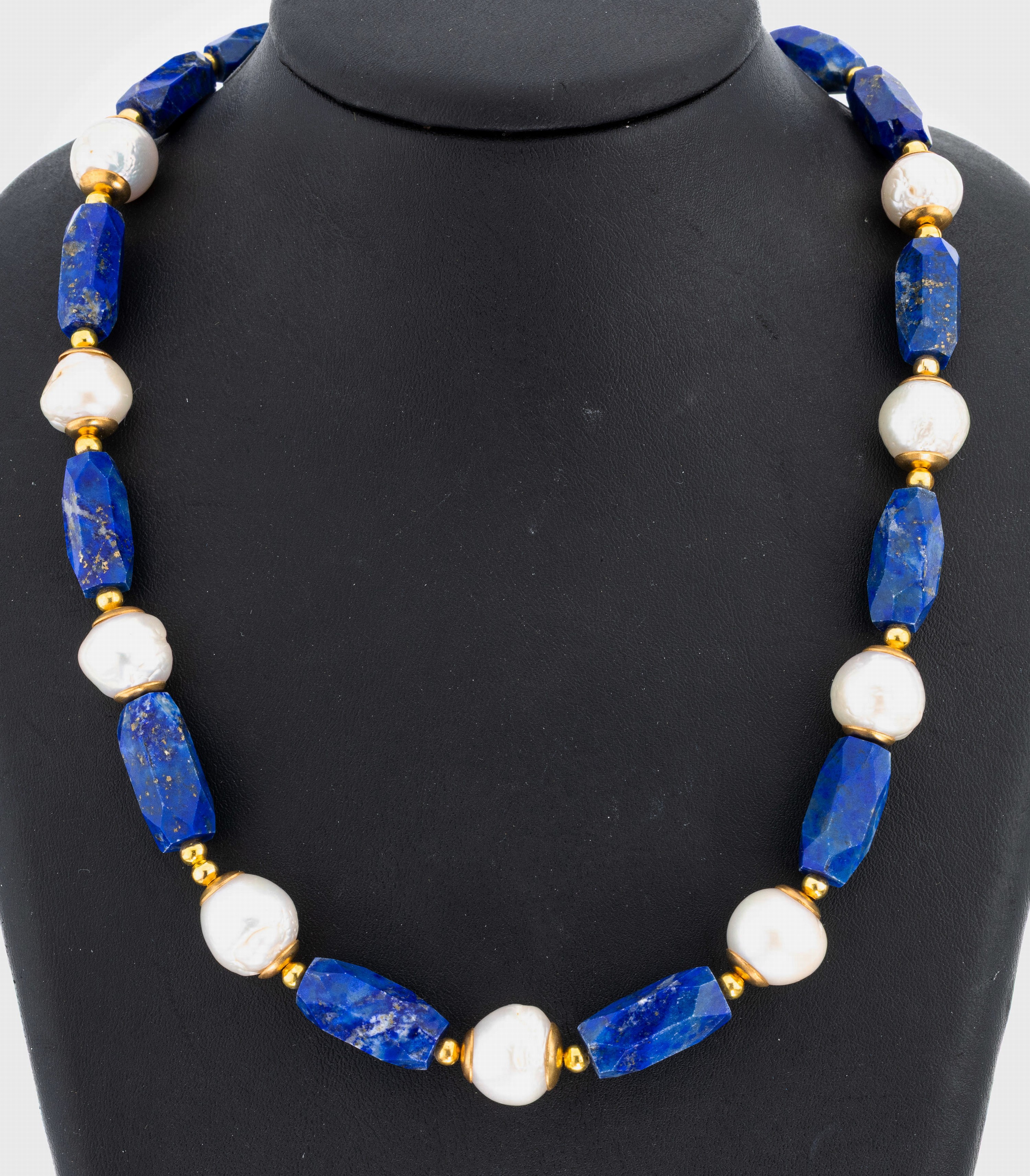 Image 26992658 - Lapislazuli-Perl-Collier, längliche facett.Lapislazuli-Glieder, unrunde Zuchtperlen, ...