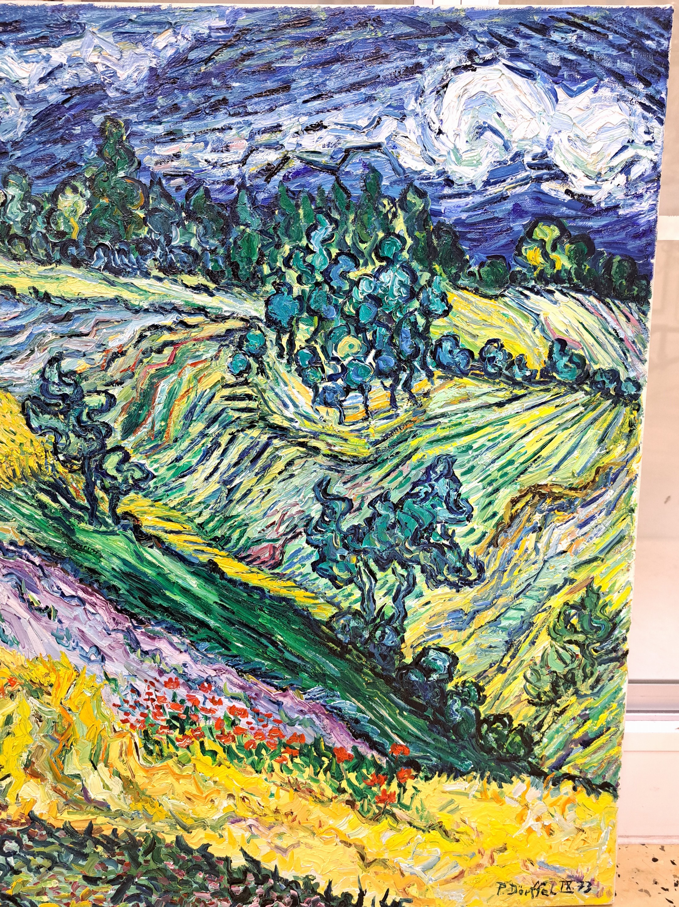 Detail c: Peter Dörffel, Heidelberger Künstler der 2. Hälfte des 20.Jh., Kulturlandschaft im Duktus Vincent van Goghs, Öl/Lwd, rechts untensigniert und ...
