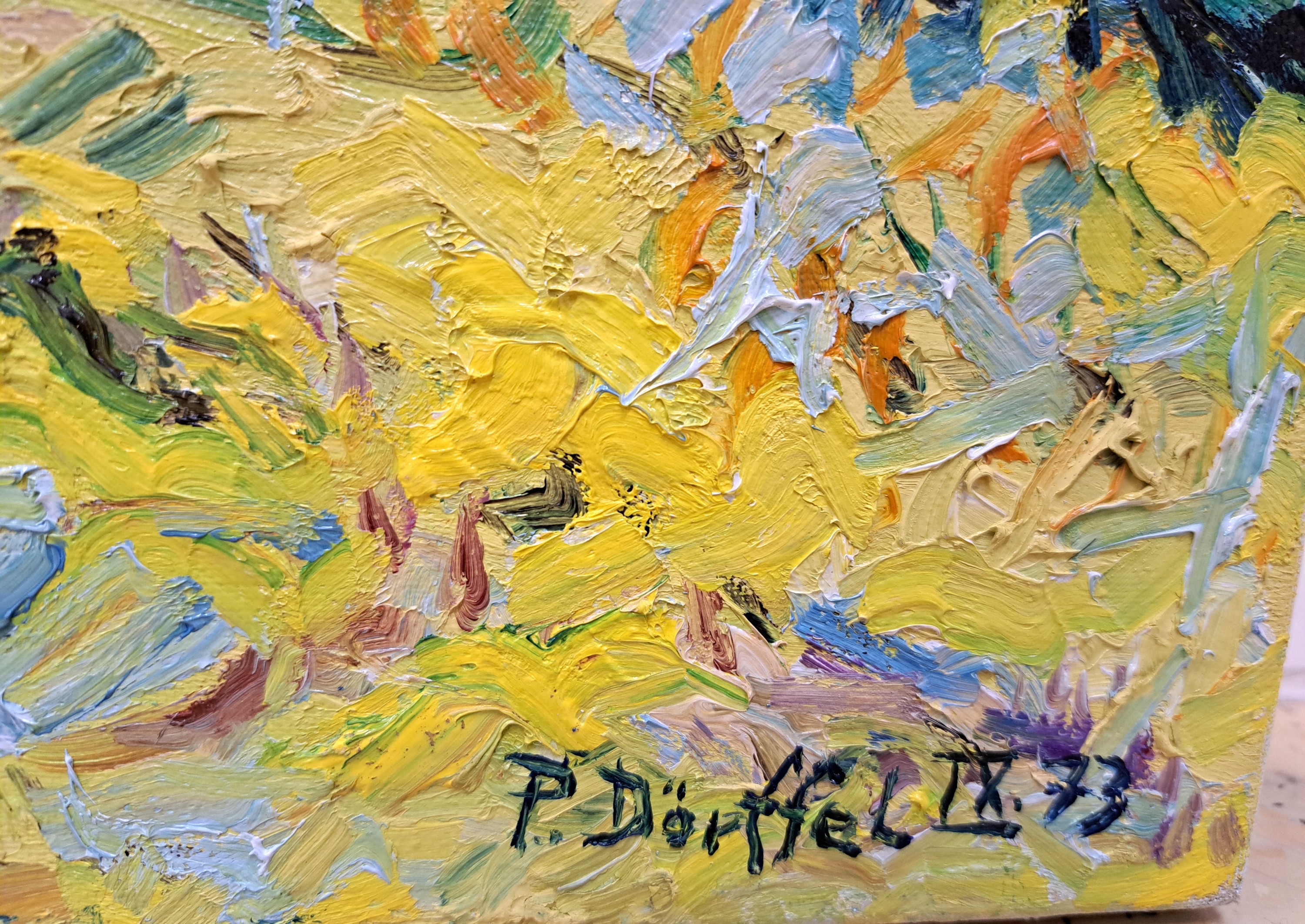 Detail d: Peter Dörffel, Heidelberger Künstler der 2. Hälfte des 20.Jh., Kulturlandschaft im Duktus Vincent van Goghs, Öl/Lwd, rechts untensigniert und ...