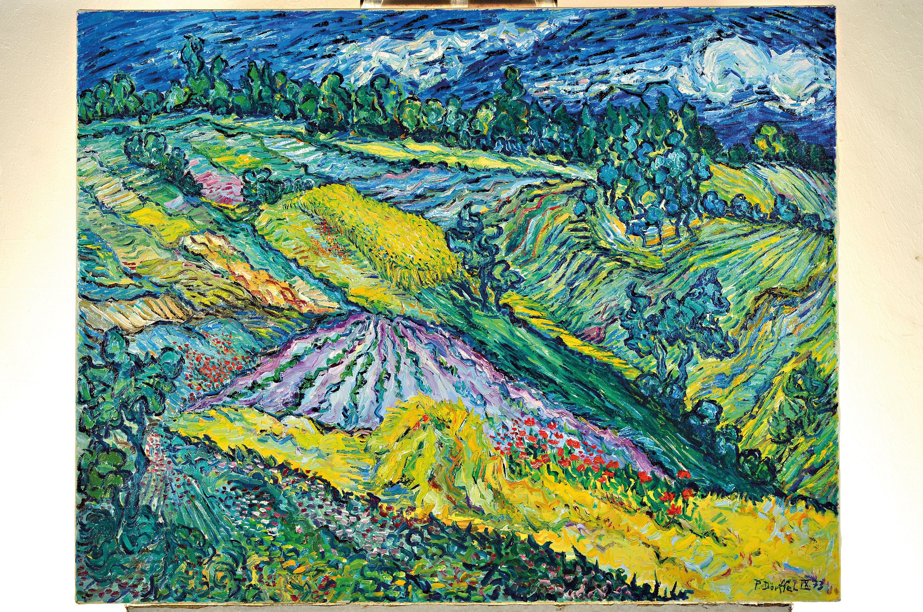 Detail k: Peter Dörffel, Heidelberger Künstler der 2. Hälfte des 20.Jh., Kulturlandschaft im Duktus Vincent van Goghs, Öl/Lwd, rechts untensigniert und ...