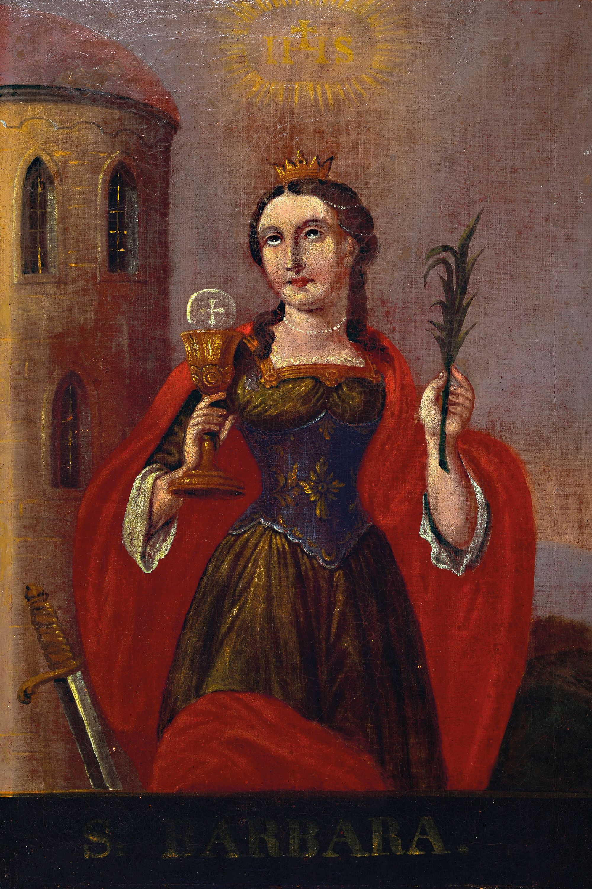 Barockgemälde aus dem 18. Jh.,, Heilige Barbara, Öl/Lwd, doubliert und restauriert, altersbedingt krakeliert, ca. 63 x 43 cm