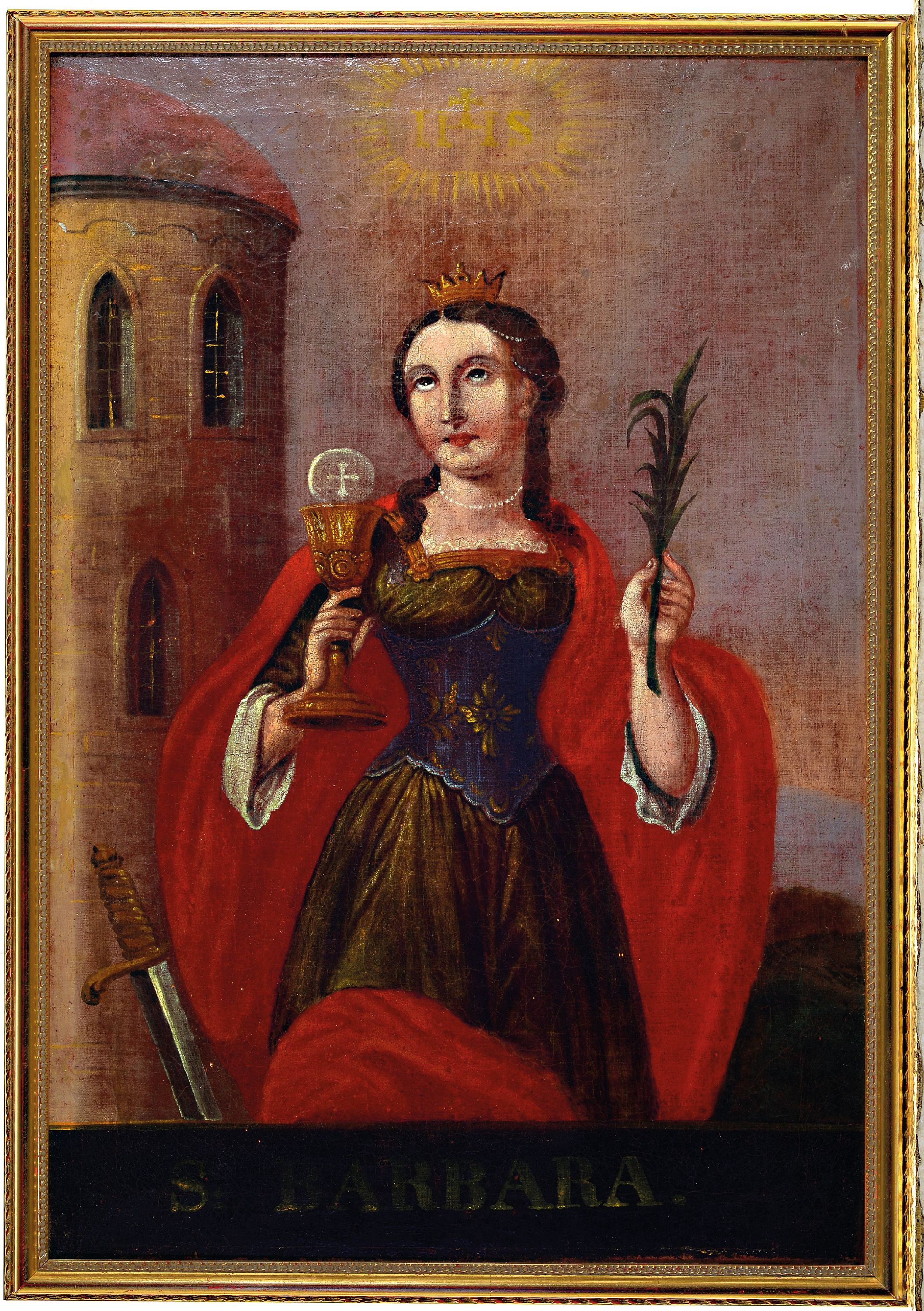 Detail k: Barockgemälde aus dem 18. Jh.,, Heilige Barbara, Öl/Lwd, doubliert und restauriert, altersbedingt krakeliert, ca. 63 x 43 cm