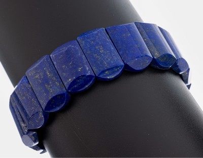 26992638a - Lapis lazuli-bracelet , lapis lazuli-links with pyrite-inclusions, on elastic ribbon, ...