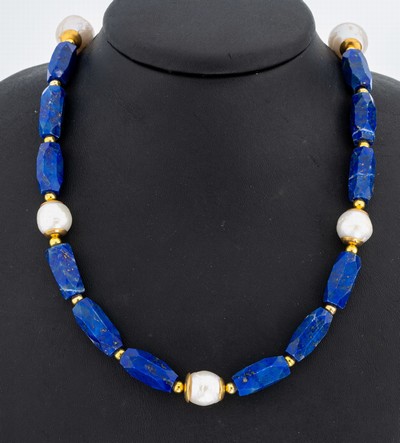 Image Lapislazuli-Perl-Collier, längliche facett.Lapislazuli-Glieder, 5 unrunde Zuchtperlen, ...