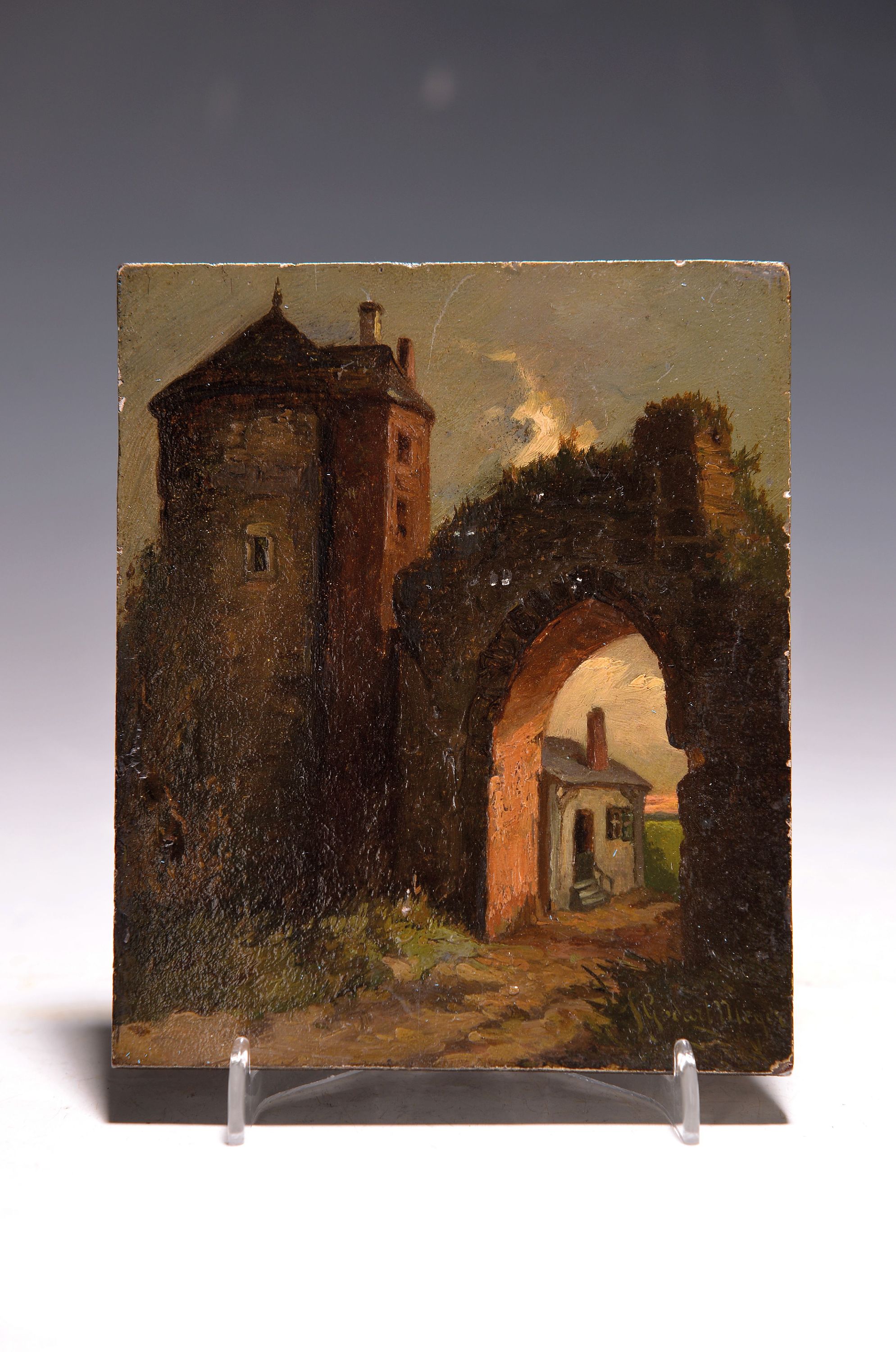 Detail k: J. Godart-Meyer o.ä., Künstler der Mitte des 19.Jh., spätromantische Ansicht der Ruine eines Stadttores, rechts unten signiert, Öl/Holz, 14x11,5 ...
