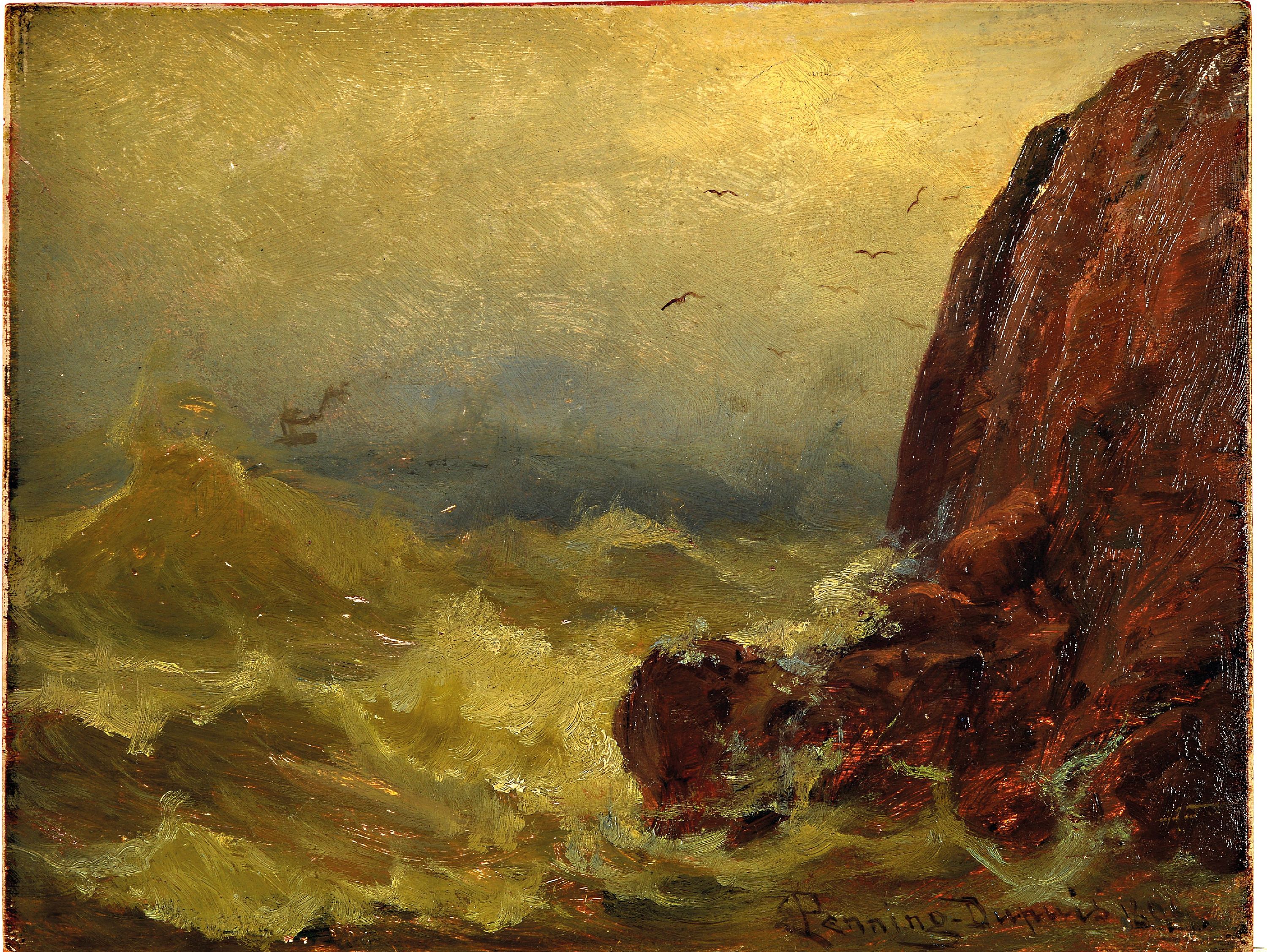 Detail k: Ernst Penning-Dupuis, erwähnt zw. 1884-1909, maritime Landschaft, stürmische Brandung an einem Felsen, rechts unten signiert und datiert 1899, ...