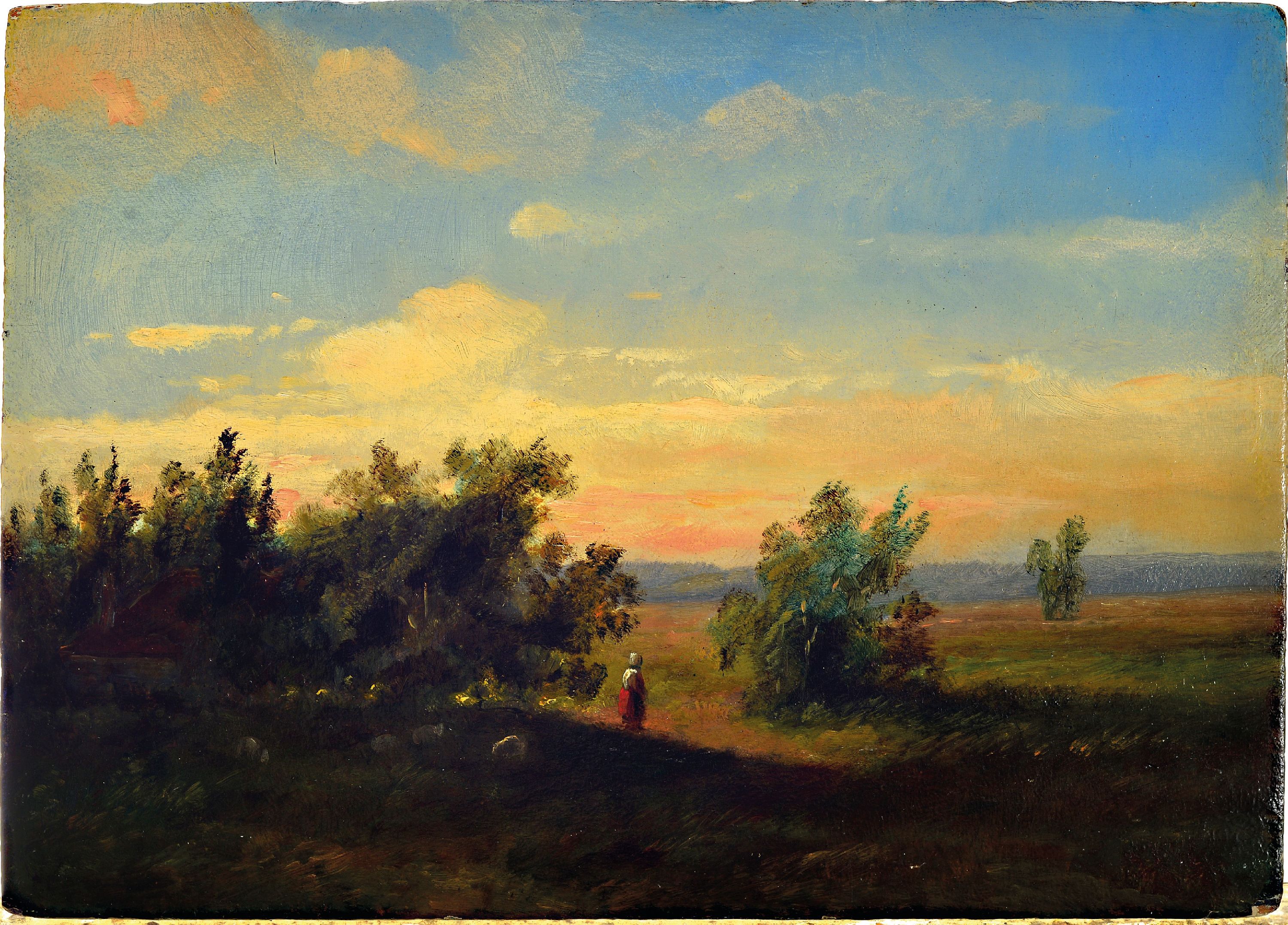 Detail k: Unbekannter Künstler des 19.Jh., weite Heidelandschaft mit Hirtin bei Sonnenuntergang, Öl/Holz, ungerahmt, 17x24 cm