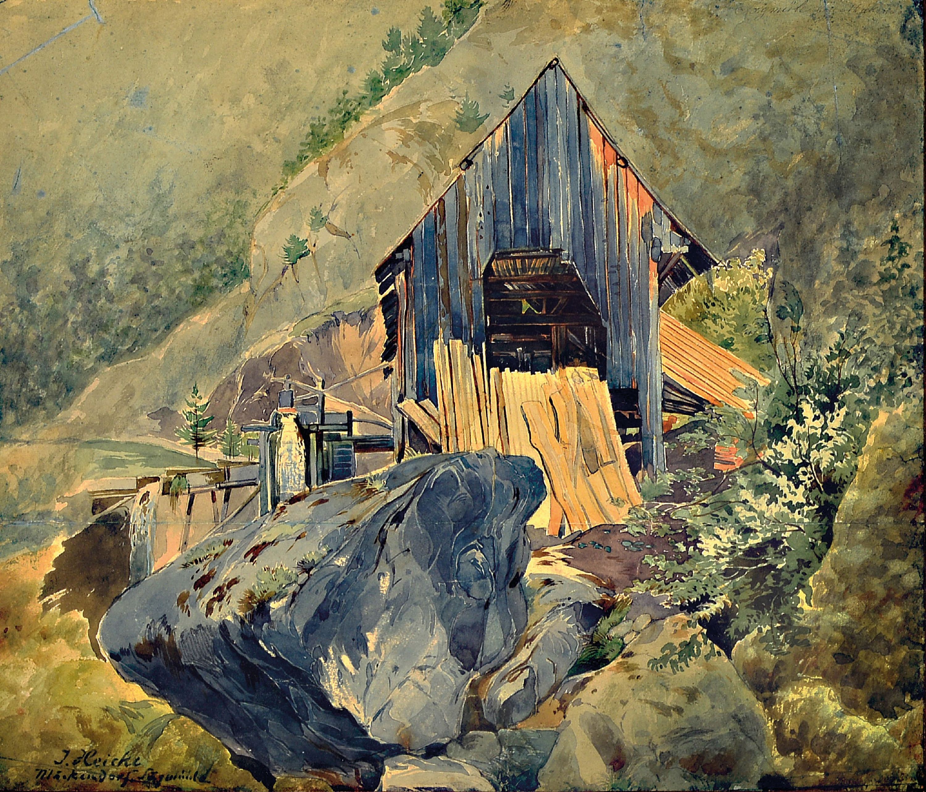 Image 26992981 - Josef Heicke, 1811-1861 Wien, , Aquarell, ´Märkendorf, Sägemühle´, links unten ...