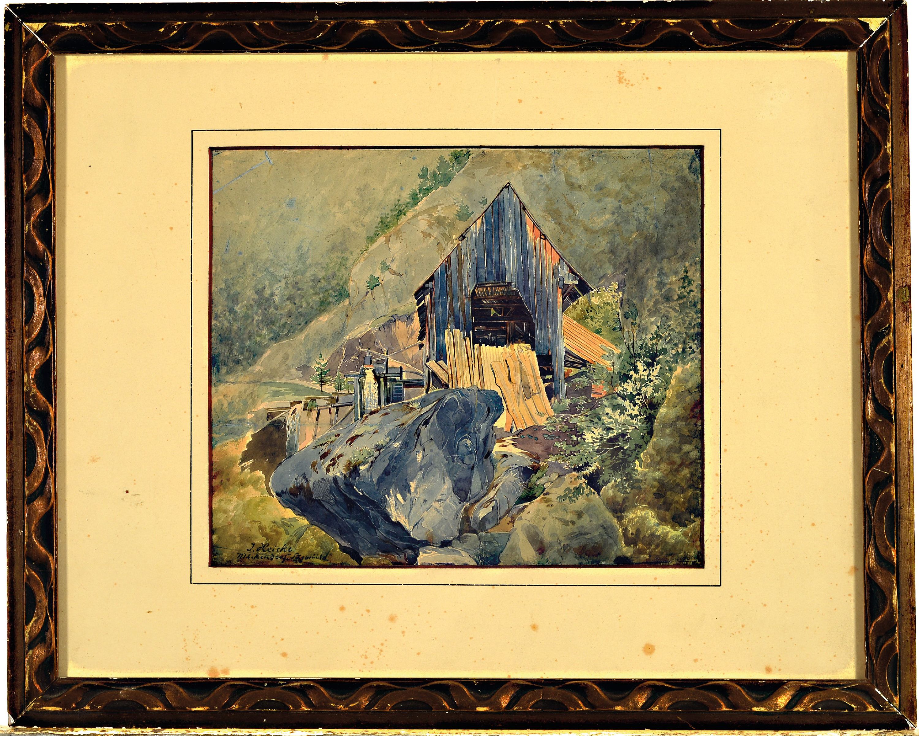 Detail k: Josef Heicke, 1811-1861 Wien,, Aquarell, "Märkendorf, Sägemühle", links unten signiert und betitelt, PP Ausschnitt 19x23 cm, unter Glas ...