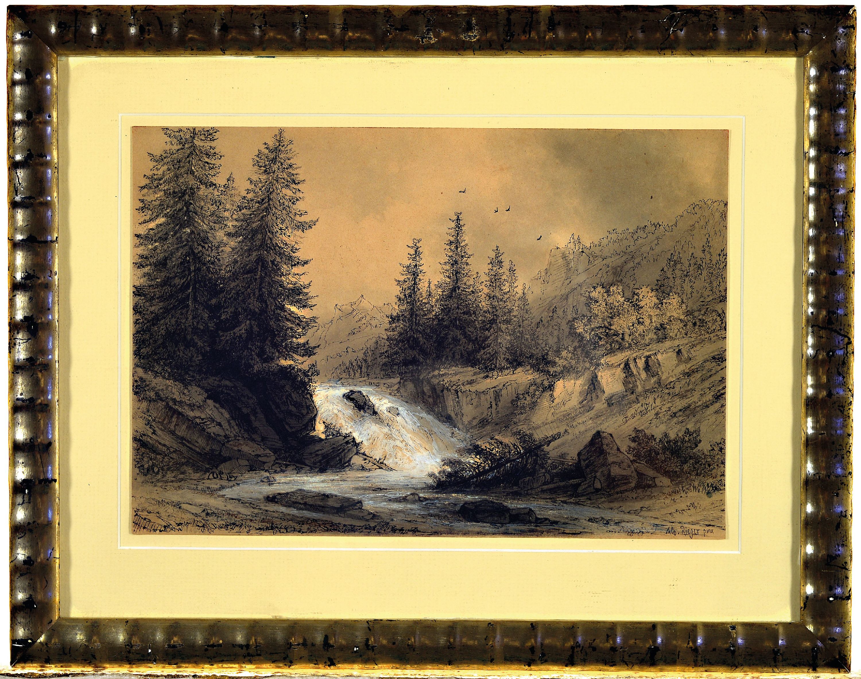 Detail k: Albert Rieger, 1834 Triest -1905 Wien, Federzeichnung mit schwarzer Tinte, weißgehöht, Gebirgslandschaft mit Wildbach, rechts untensigniert, unter ...