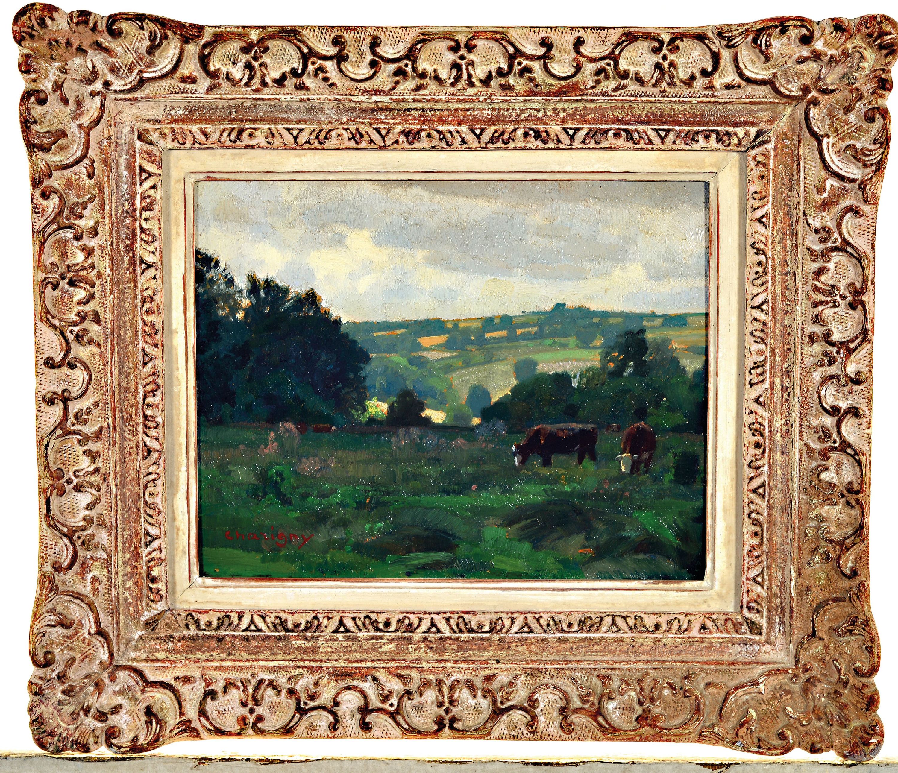 Detail k: Andre Charigny, 1902-2000 Paris, "Les pres de la Mauldre", so auf altem Künstleretikett betitelt, Öl/Malkarton, 19x24 cm, Rahmen 33x37cm
