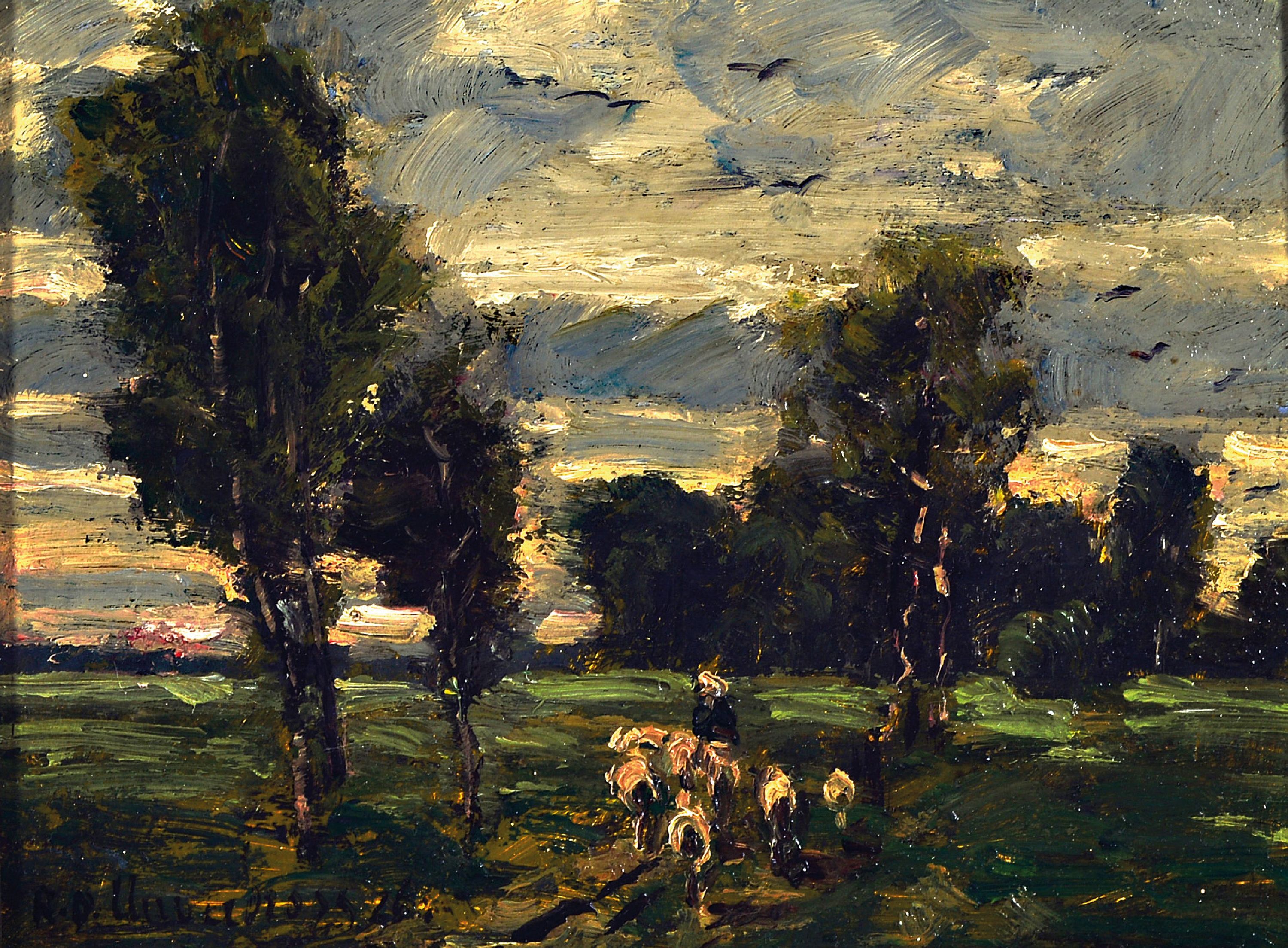 Image 26992988 - Raphael Oskar Unverdross, 1873 Düsseldorf-1952, niederrheinische Landschaft mit Hirte ...