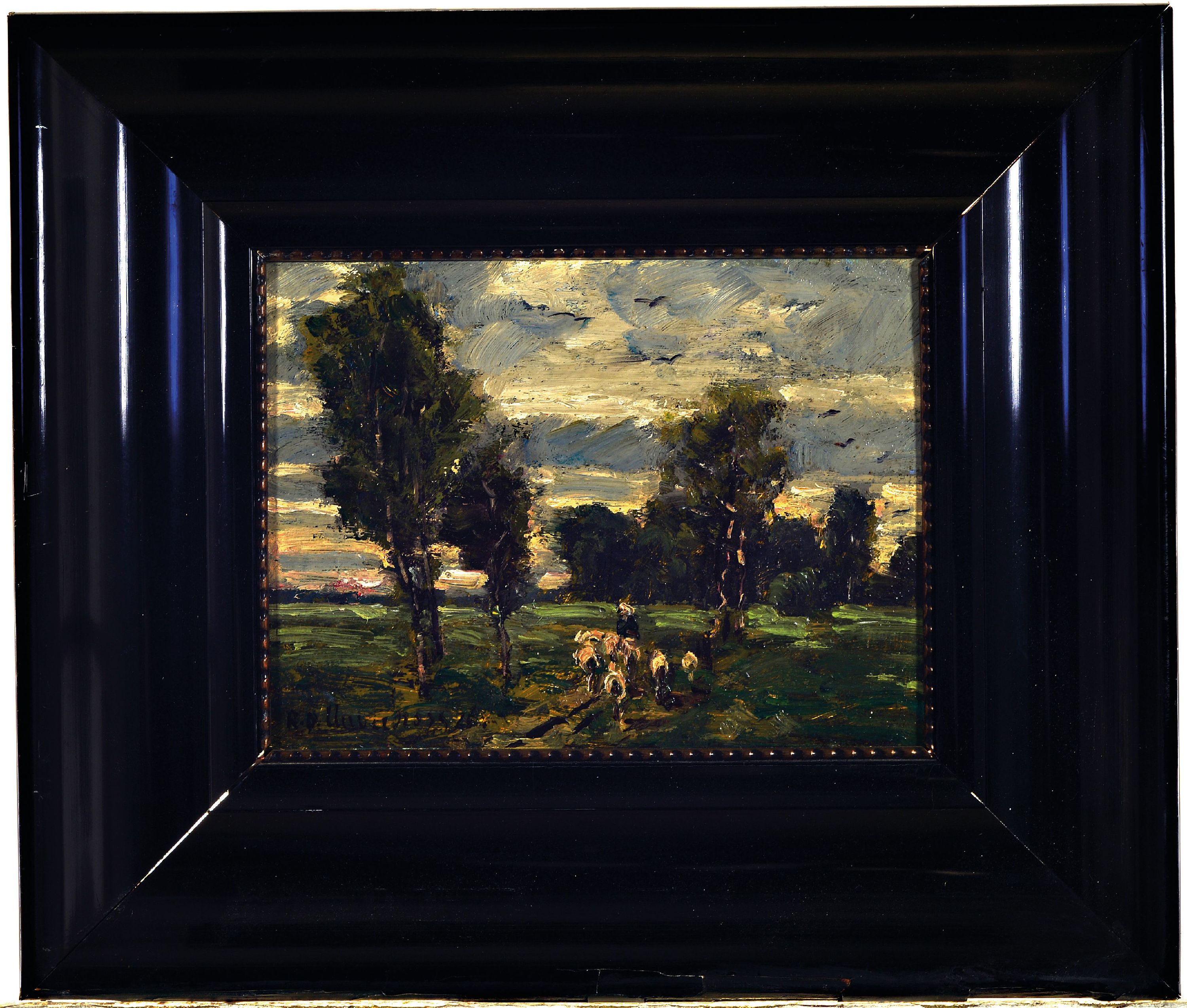 Detail k: Raphael Oskar Unverdross, 1873 Düsseldorf-1952, niederrheinische Landschaft mit Hirte und Herde, links unten signiert u. datiert 1926?, 17x23 cm, ...