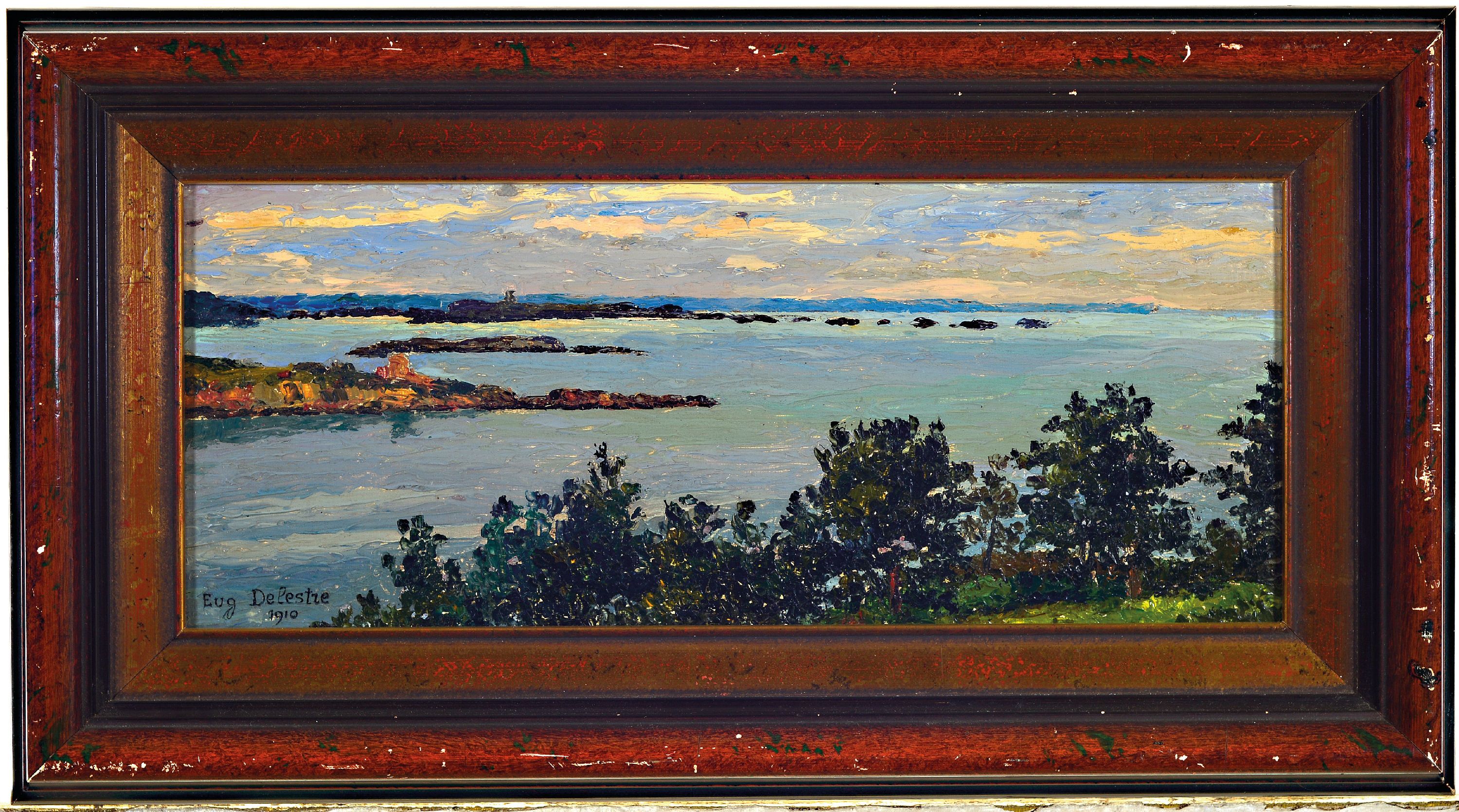 Detail k: Eugen Delestre, 1862-1919, "Les baies de Saint Briac et de Saint Jacut", links unten signiert, Öl/Holz, 18x41 cm, Rahmen 29x53 cm