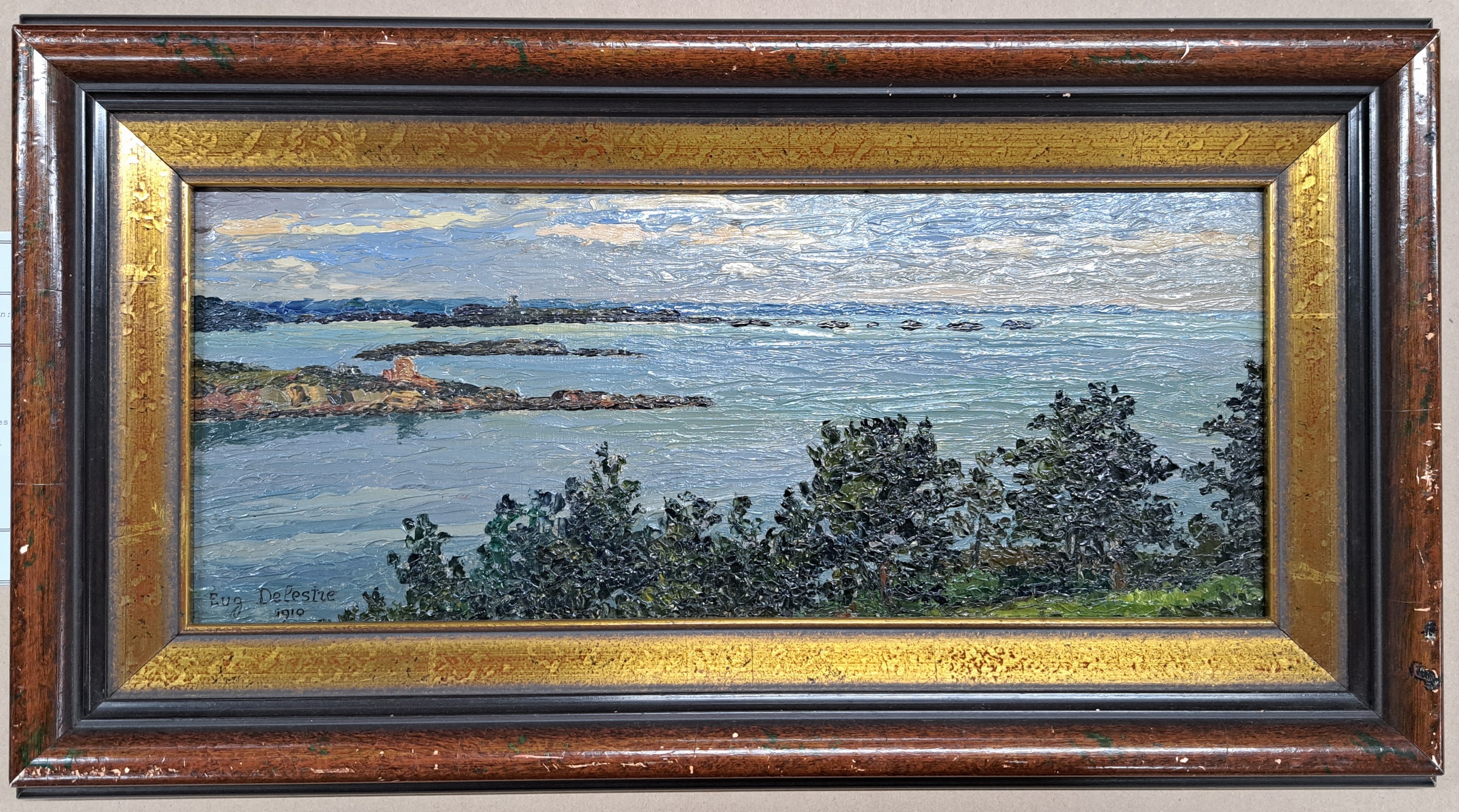 Detail l: Eugen Delestre, 1862-1919, "Les baies de Saint Briac et de Saint Jacut", links unten signiert, Öl/Holz, 18x41 cm, Rahmen 29x53 cm