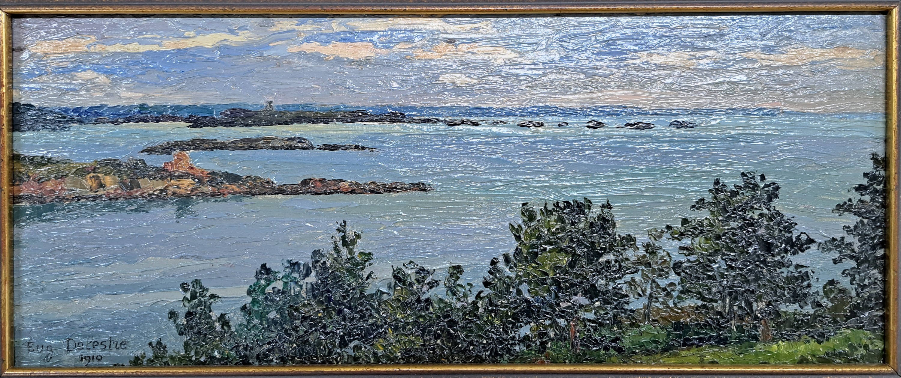 Detail m: Eugen Delestre, 1862-1919, "Les baies de Saint Briac et de Saint Jacut", links unten signiert, Öl/Holz, 18x41 cm, Rahmen 29x53 cm