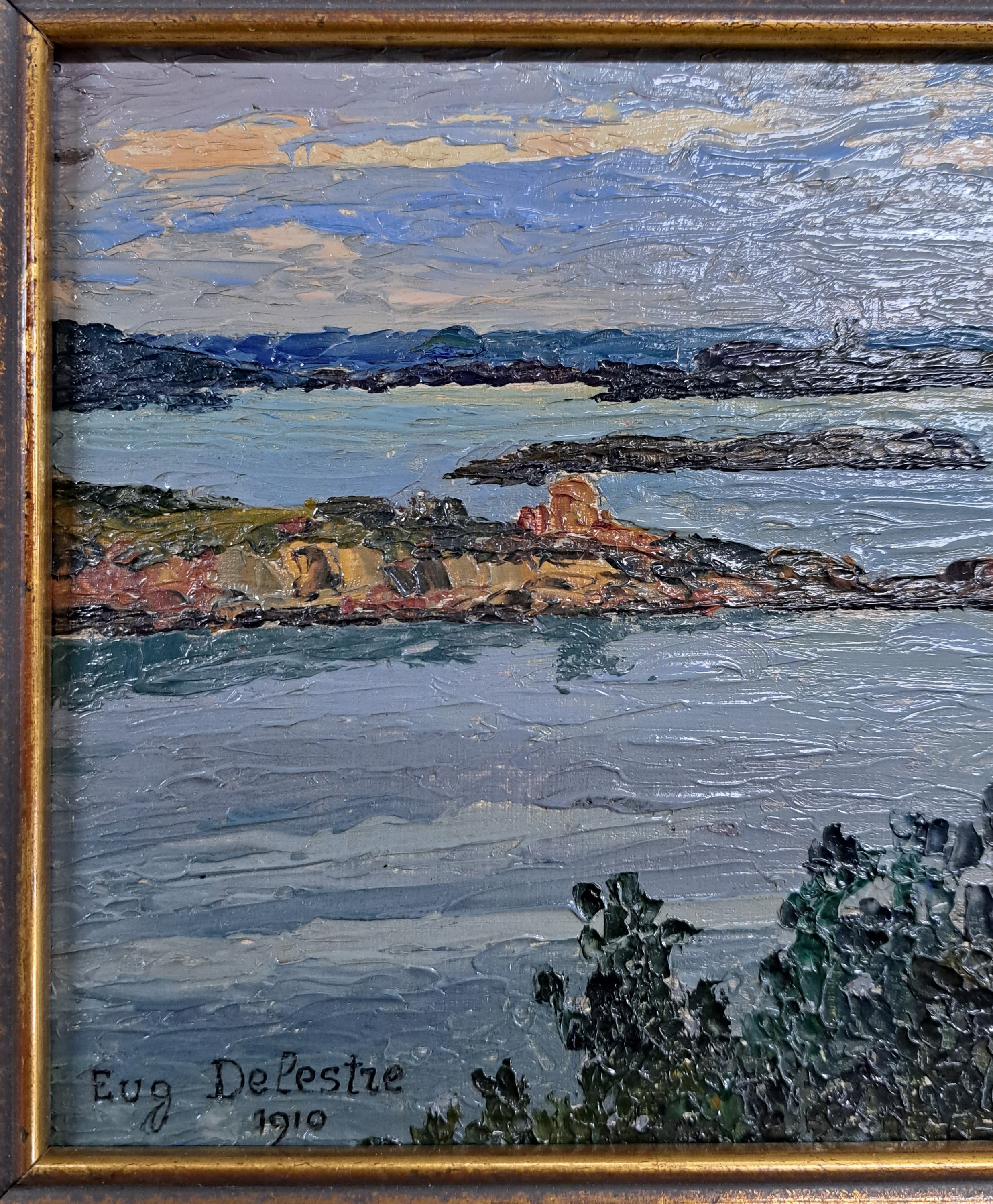 Detail n: Eugen Delestre, 1862-1919, "Les baies de Saint Briac et de Saint Jacut", links unten signiert, Öl/Holz, 18x41 cm, Rahmen 29x53 cm