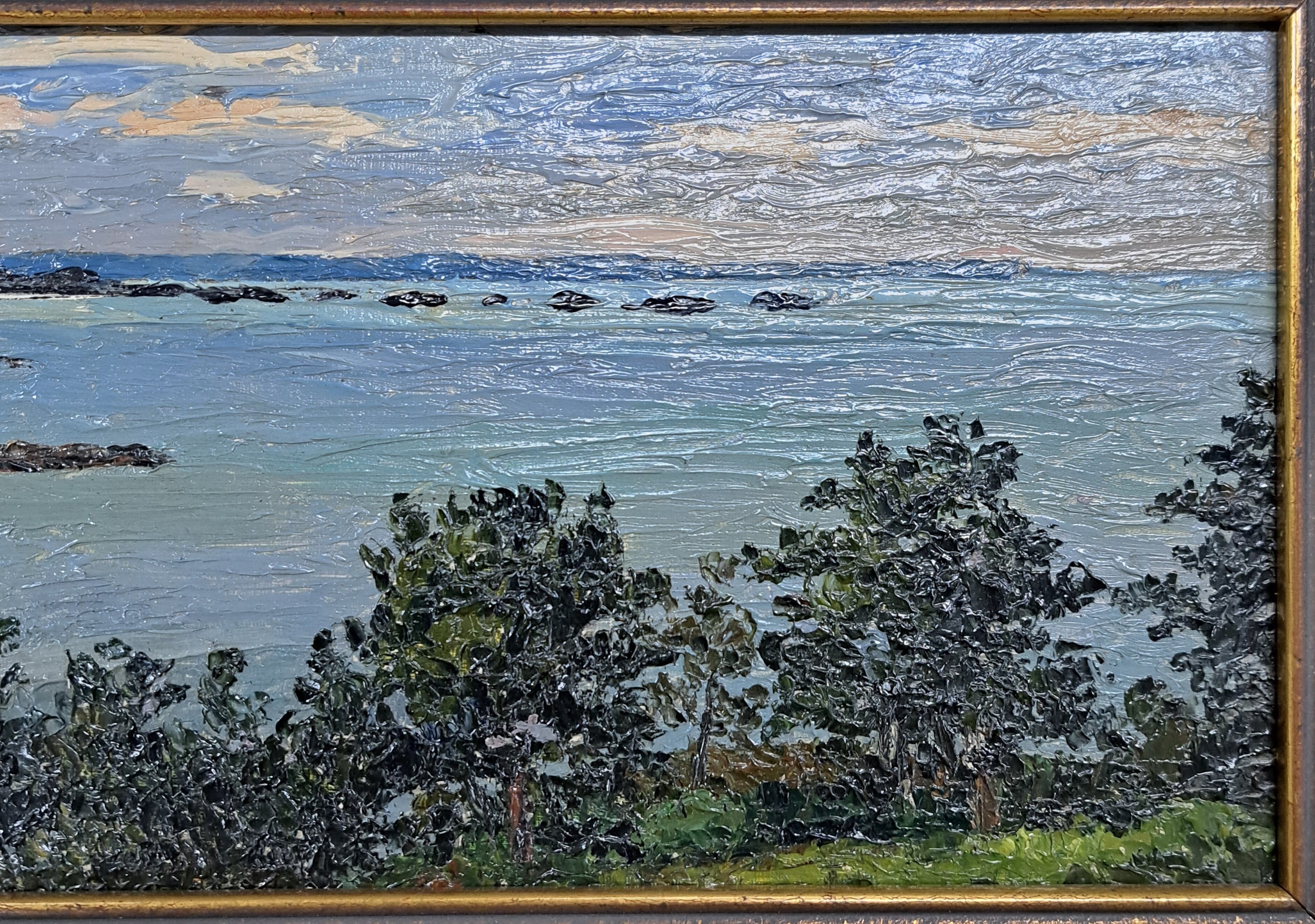 Detail o: Eugen Delestre, 1862-1919, "Les baies de Saint Briac et de Saint Jacut", links unten signiert, Öl/Holz, 18x41 cm, Rahmen 29x53 cm