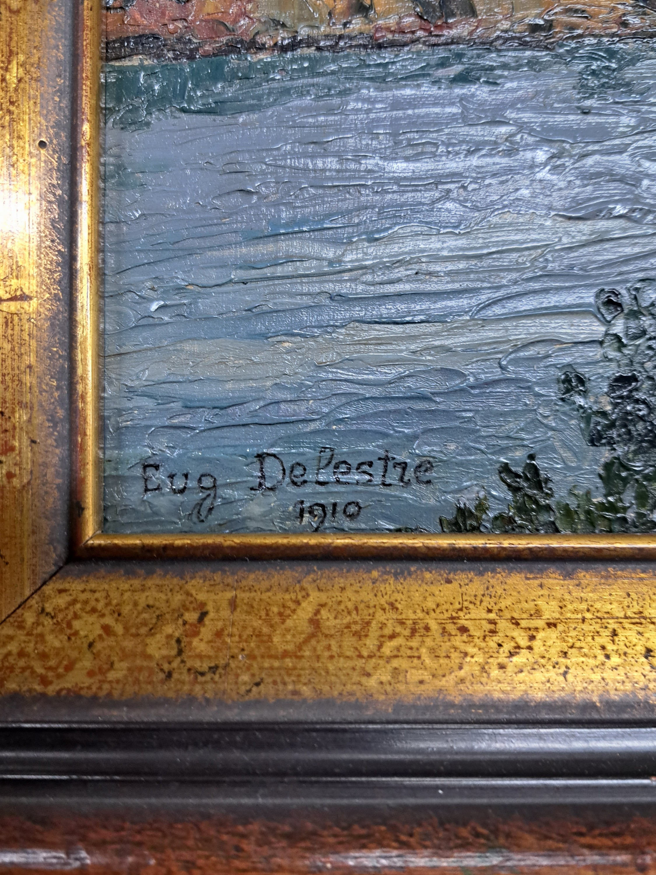 Detail p: Eugen Delestre, 1862-1919, "Les baies de Saint Briac et de Saint Jacut", links unten signiert, Öl/Holz, 18x41 cm, Rahmen 29x53 cm