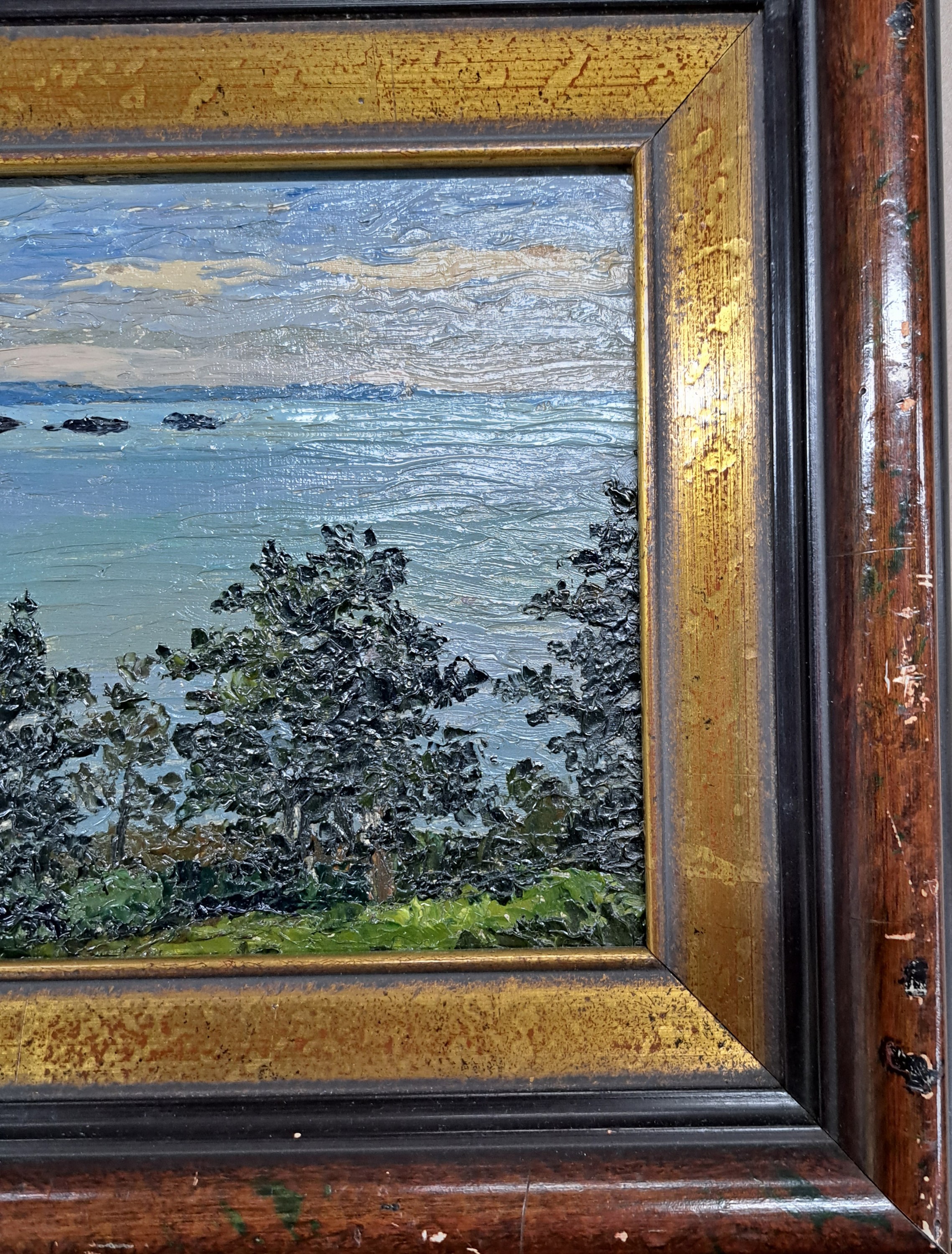 Detail s: Eugen Delestre, 1862-1919, "Les baies de Saint Briac et de Saint Jacut", links unten signiert, Öl/Holz, 18x41 cm, Rahmen 29x53 cm