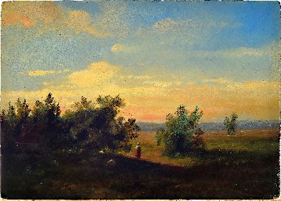 26992963k - Unbekannter Künstler des 19.Jh., weite Heidelandschaft mit Hirtin bei Sonnenuntergang, ...