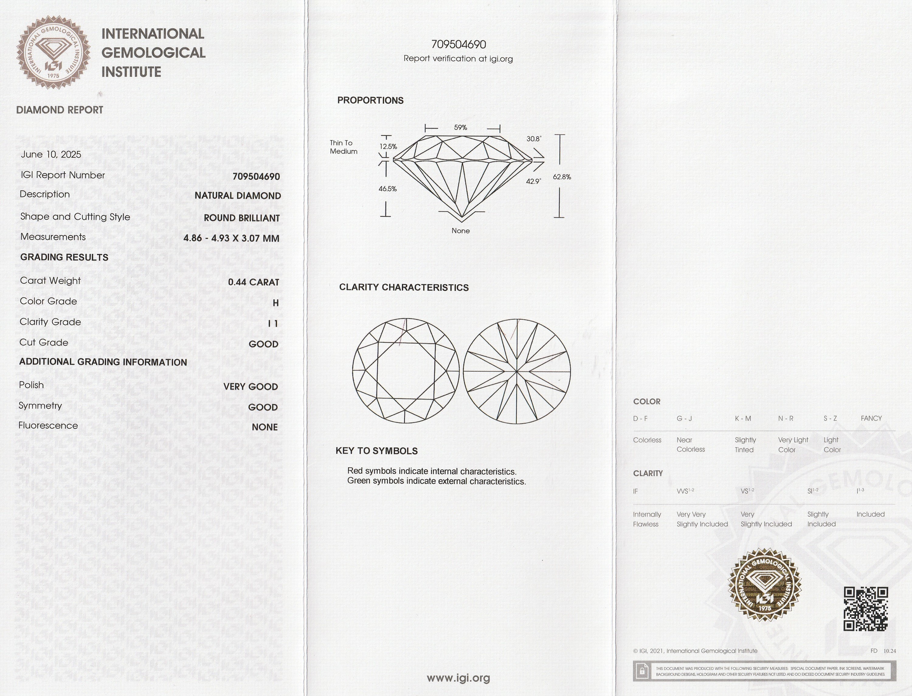 Detail a: Loser Brillant 0.44 ct Weiß(H)/p1, eingeschweißt, IGI-Expertise
