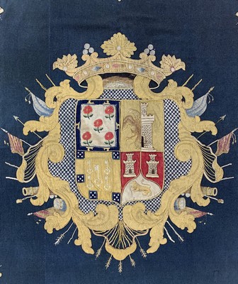 26994098c - ´Adels-Wappen´Stickerei, Spanien, 19.Jhd, Wolle-Baumwollstickerei, ca. 195 x 195 cm, ...