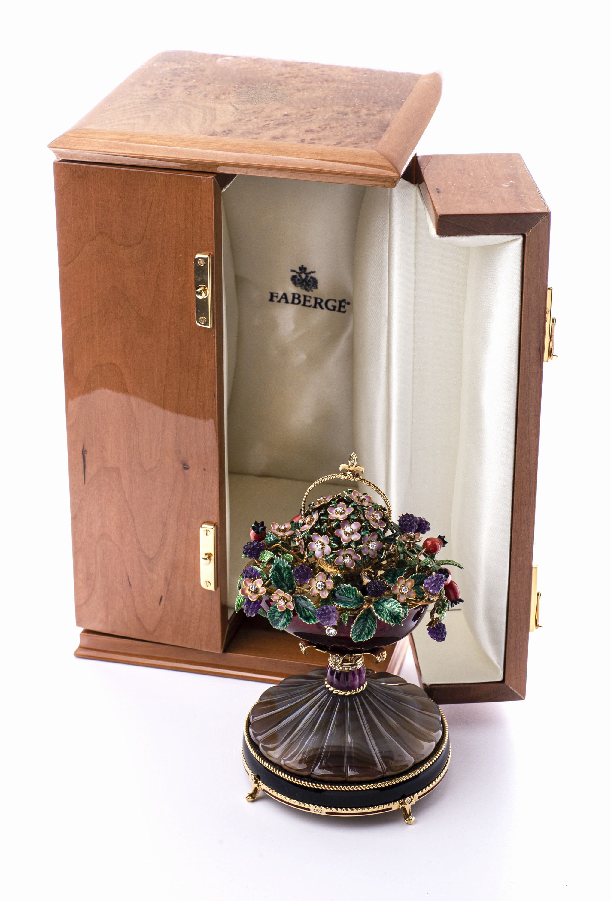 Detail d: 18 kt Gold FABERGE by VICTOR MAYER Spieluhr Herbst-Ei 1998, limit. Auflage, hier 9/10, GG 750/000, Sockel aus Obsidian-Achat auf Goldfüßchen, ...