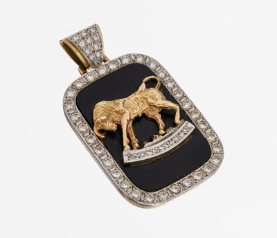 Image 14 kt Gold Onyx-Brillant-Anhänger, GG/WG 585/000, Sternzeichen Stier, Onyxplatte mit ...