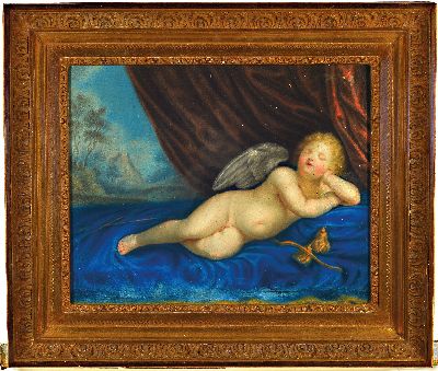 26994184k - Unbekannter Künstler, 19. Jh., schlafender Amor, Kreide/Papier, Altersspuren, unter ...