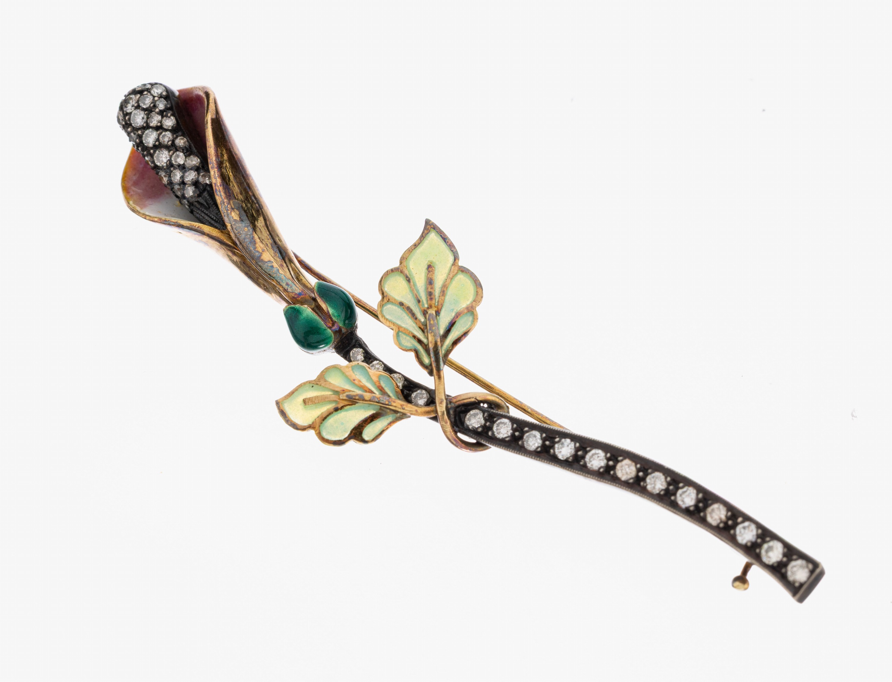 Image 26994333 - 18 kt Gold Brillant-Email-Brosche, GG 750/000 und Silber, in Form einer Blüte, ...