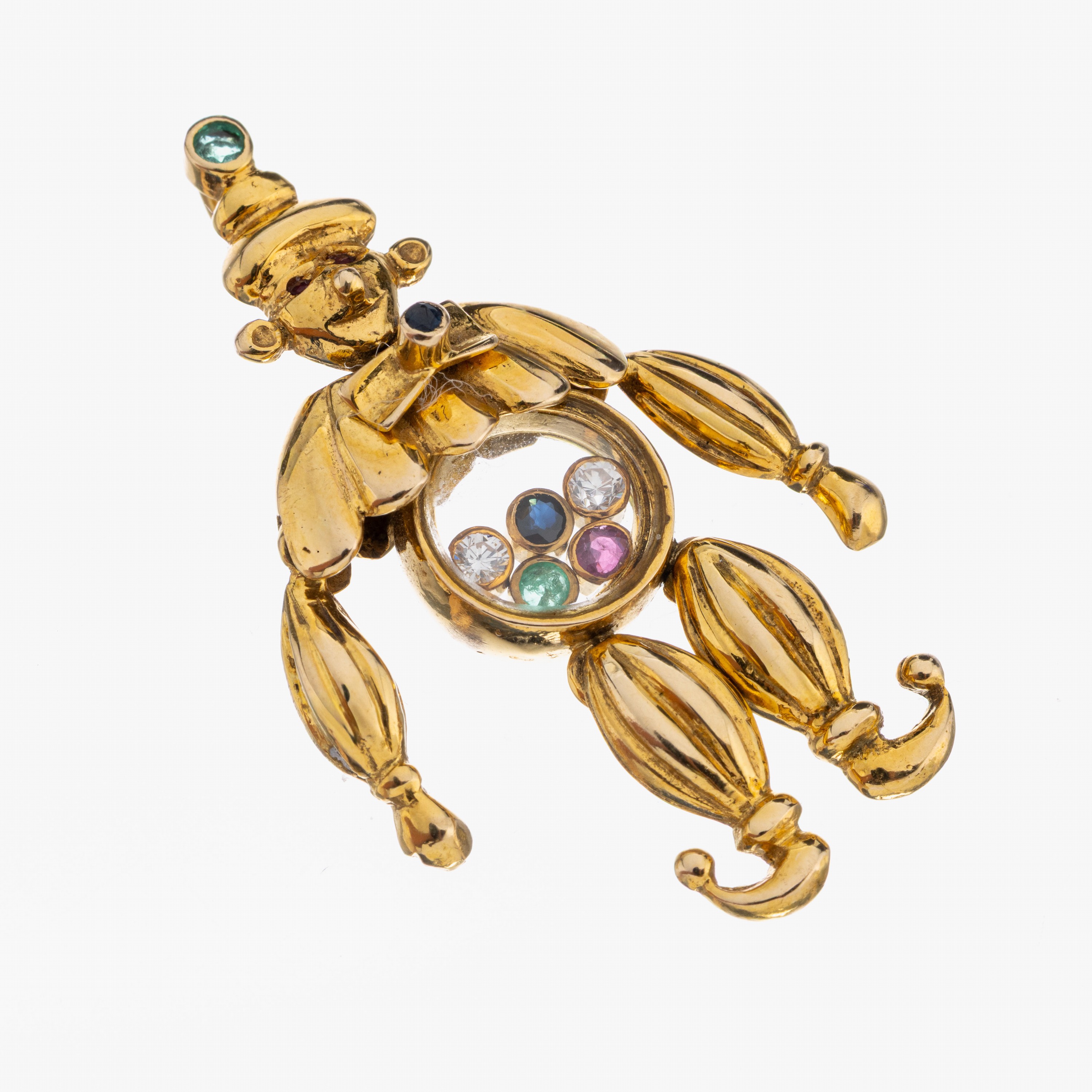 14 kt Gold Farbstein-Brillant-Anhänger, "Hampelmann", GG 585/000, Arme und Beine beweglich, 2 Brillanten beweglich unter Glas und ...